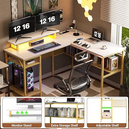 Miniatura 6 de Unikito Escritorio en forma de L con tomas de corriente mágicas y luz LED inteligente con archivador lateral de oficina para carpetas de cartas, A4,