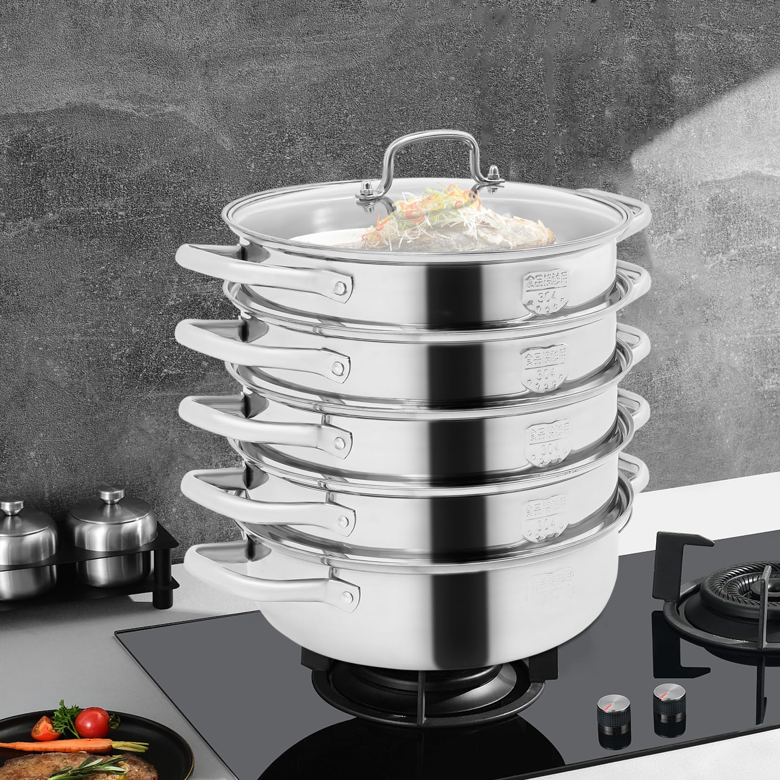 Fornello a vapore a 5 ripiani, pentola a vapore in acciaio inox con coperchio in vetro, pentola a pressione, per fornelli a gas, a induzione, fornelli elettrici (argento 28 cm)