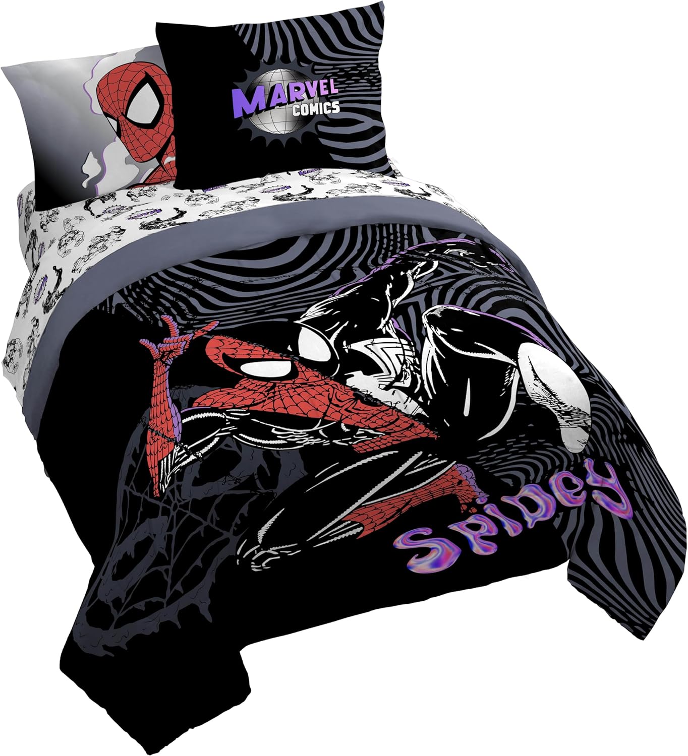 Jay Franco Kids Comforter Set Includes Sheets and Pillow Covers - Soft and Cozy Bed Set for Stylish Room Decor, Black - Marvel Comics, 7 Piece Queen Size Bedding