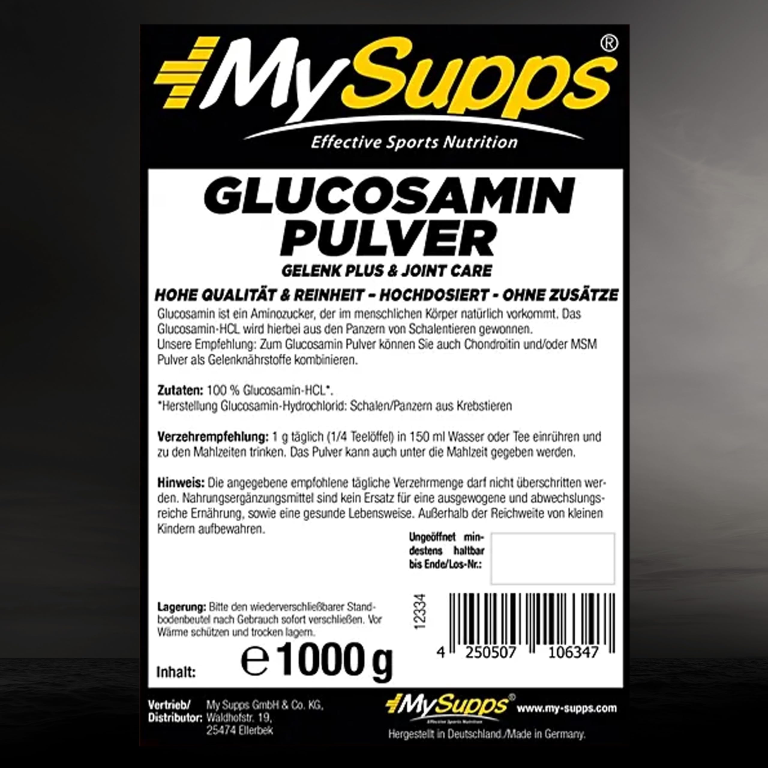 My Supps Glucosamin Pulver 1000g – 100 % reines Glucosamin-HCL – hochdosiert & ohne Zusätze – Hydrochlorid für tägliche Ergänzung – HCL-Pulver in Premiumqualität – Made in Germany
