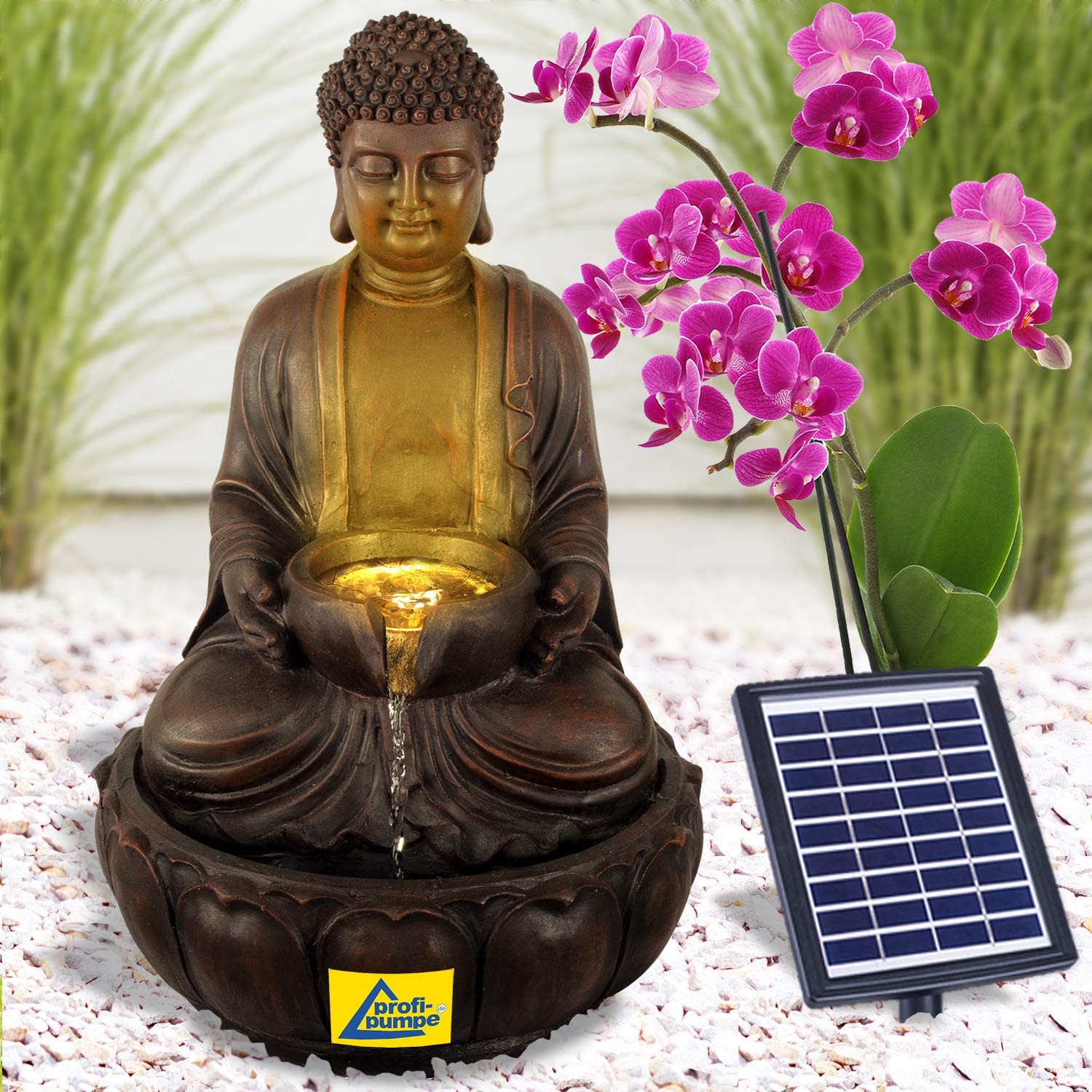 Fuente para Jardin Fuente de Tranquilidad Buda Fuente de Agua con iluminacion Solar para Jardin, terraza, Balcon Buda con Bomba, bateria de Iones de Litio y luz LED