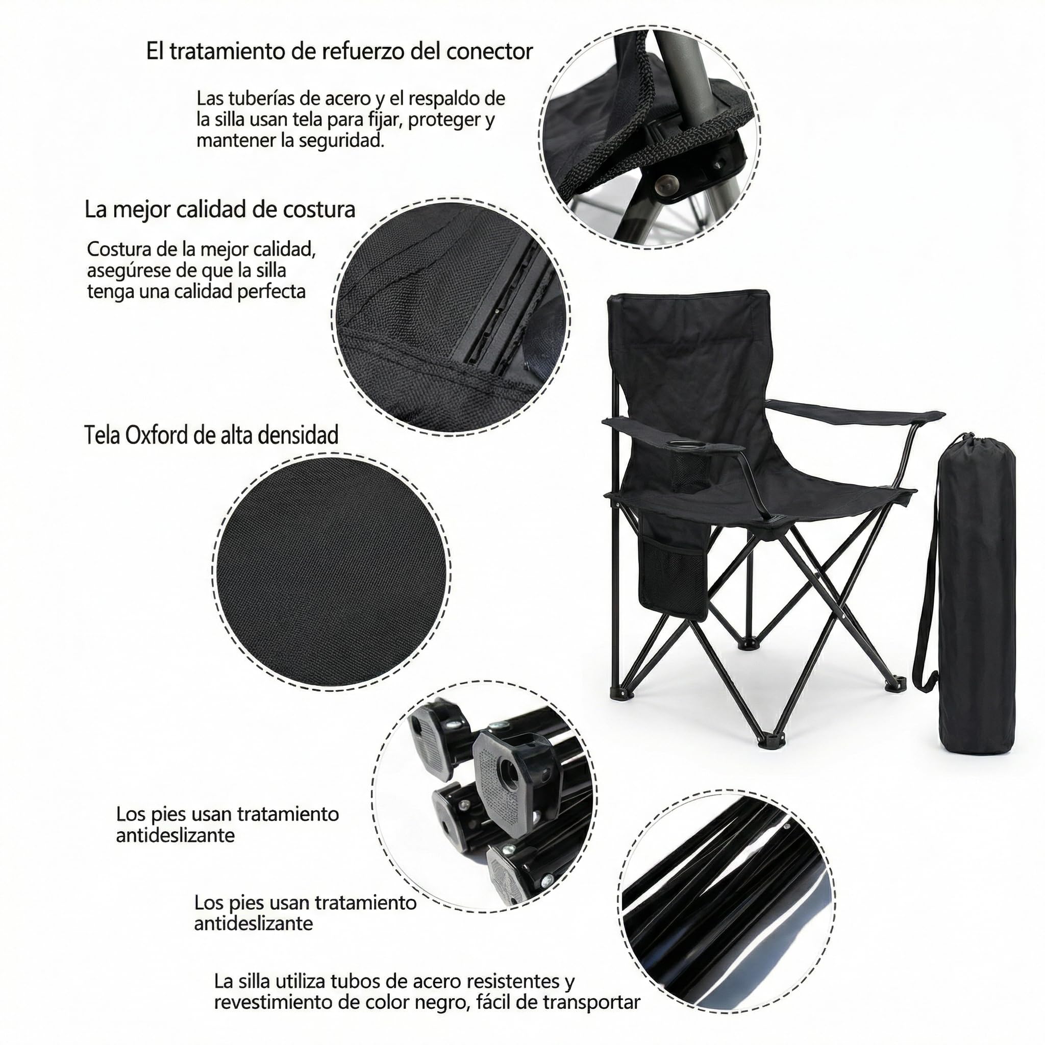 Silla Plegable de Camping con Respaldo y Reposabrazos 48x49x80 cm, Portavasos y Bolsillo, Ultraligera Portátil para Playa, Pesca, Jardín y Excursiones – Incluye Bolsa (Negro, Pack de 2)
