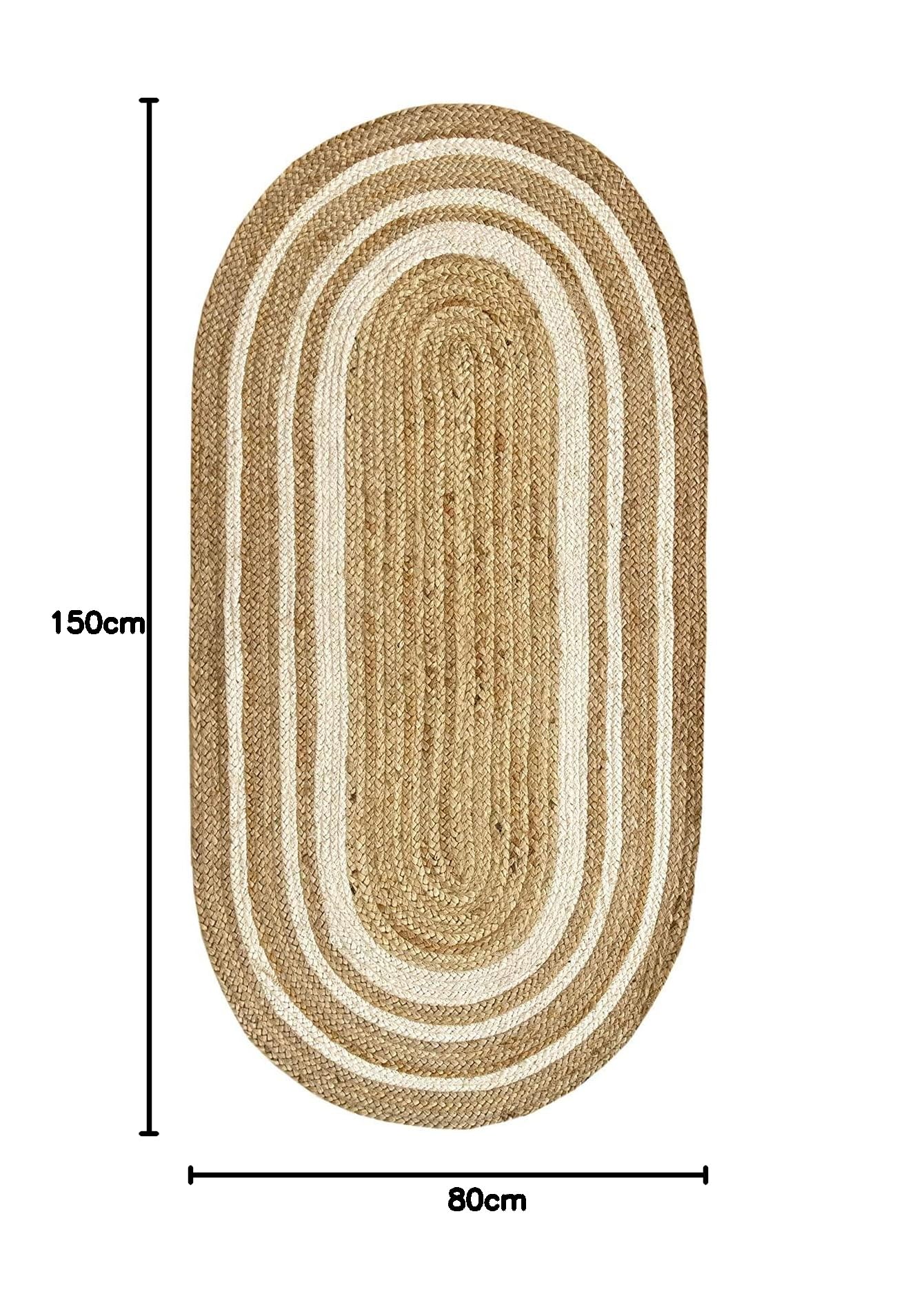 Tapis Ovale Traditionnel en Jute Beige avec Lignes Blanches pour Salon, Cuisine, Couloir, Salle à Manger (80 x 150 cm)