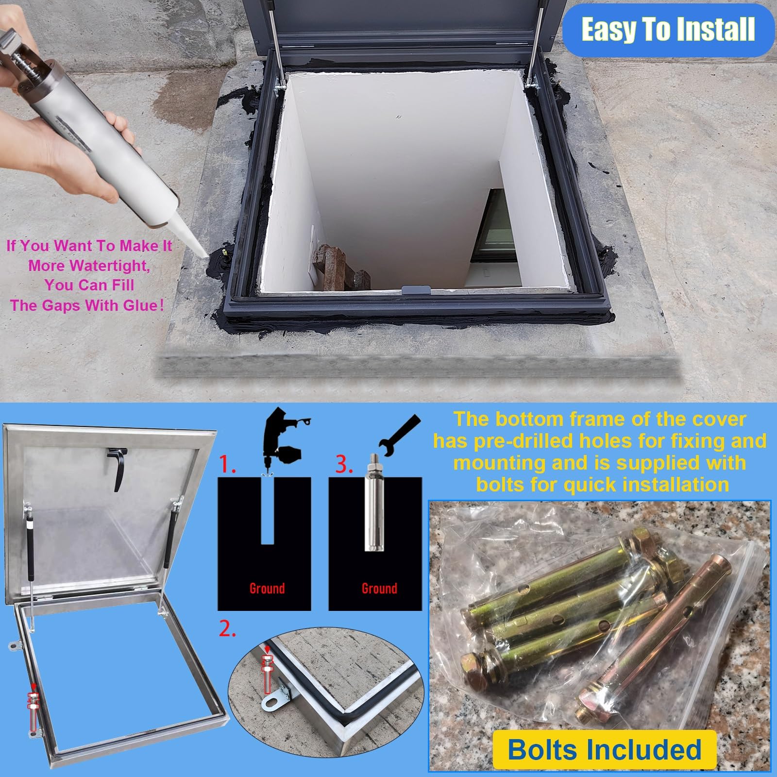 Escotilla de acceso para techo resistente a la intemperie con pestillo de puerta y puntales de gas, diseño de tira de goma de sellado para tapa de apertura de escalera de ático