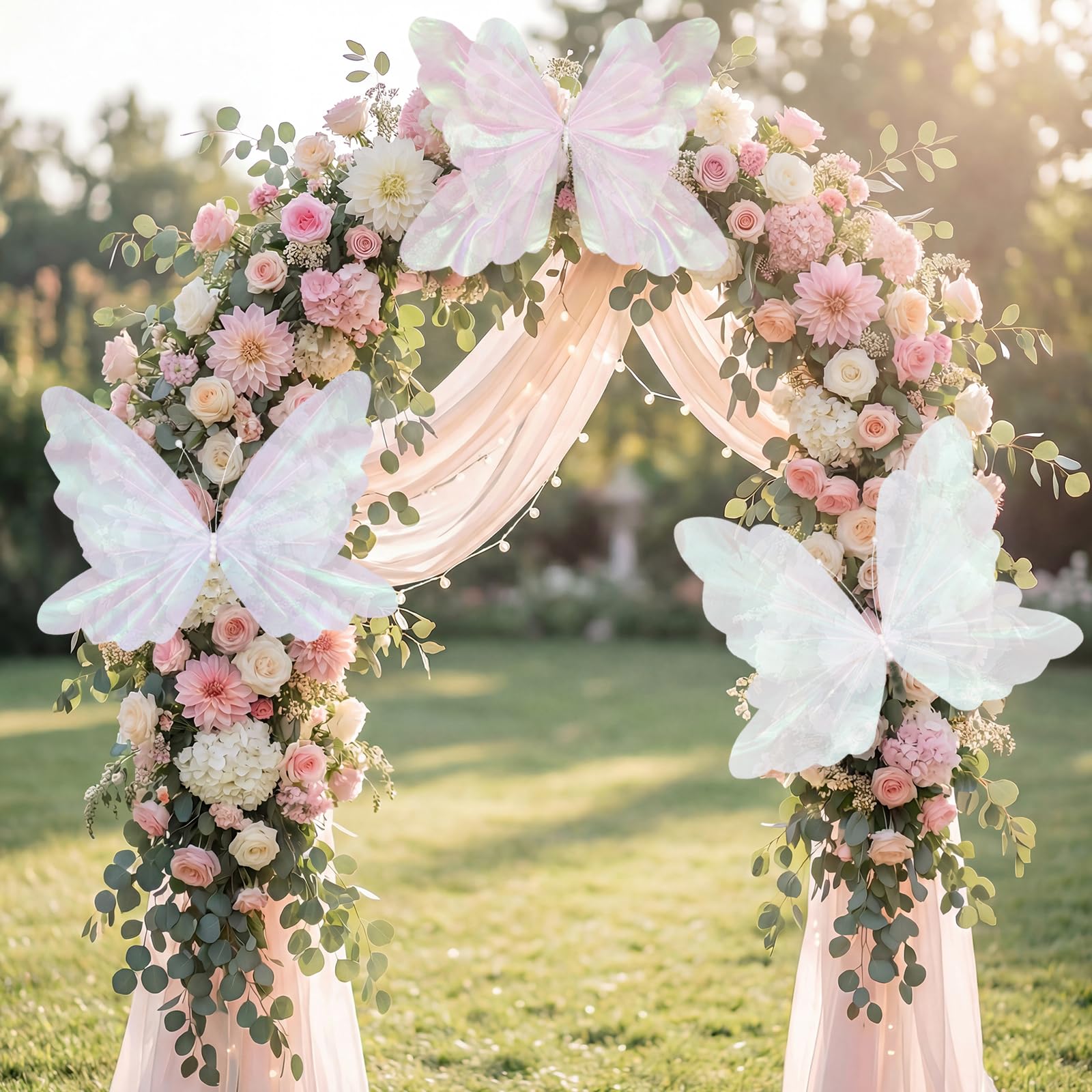 Photo 1 of Famtores 3 PCS Giant Butterfly Decorations 19.7in Large Flying Butterflies Artificial Silk Gauze Butterflies for Wedding Tables Centerpieces Party Decor(White Pink and Purple)