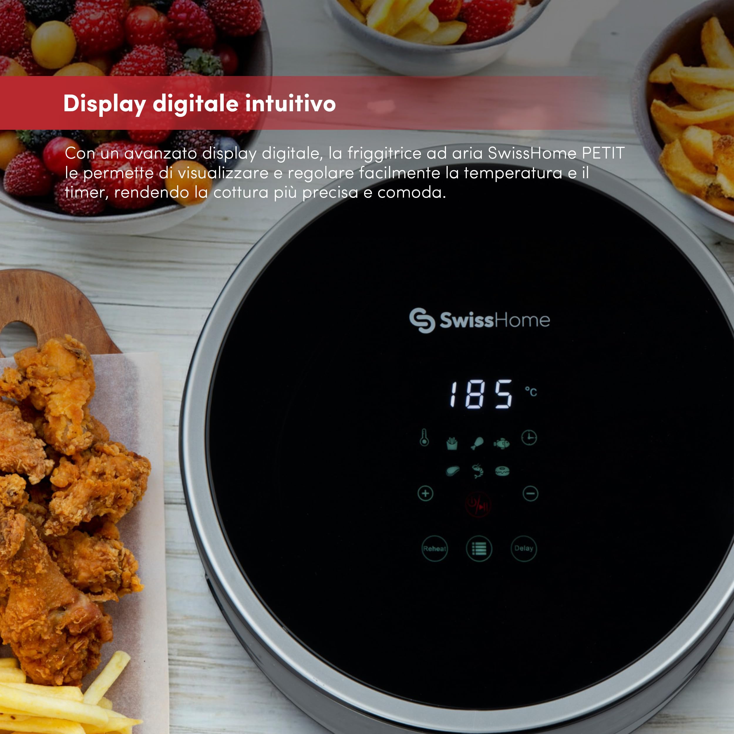 Z SwissHome PETIT - Friggitrice ad aria 2.5L 1200W - Display digitale - Temperatura regolabile 80-200°C - Timer 60 minuti - Pentola in teflon rimovibile - Protezione da surriscaldamento