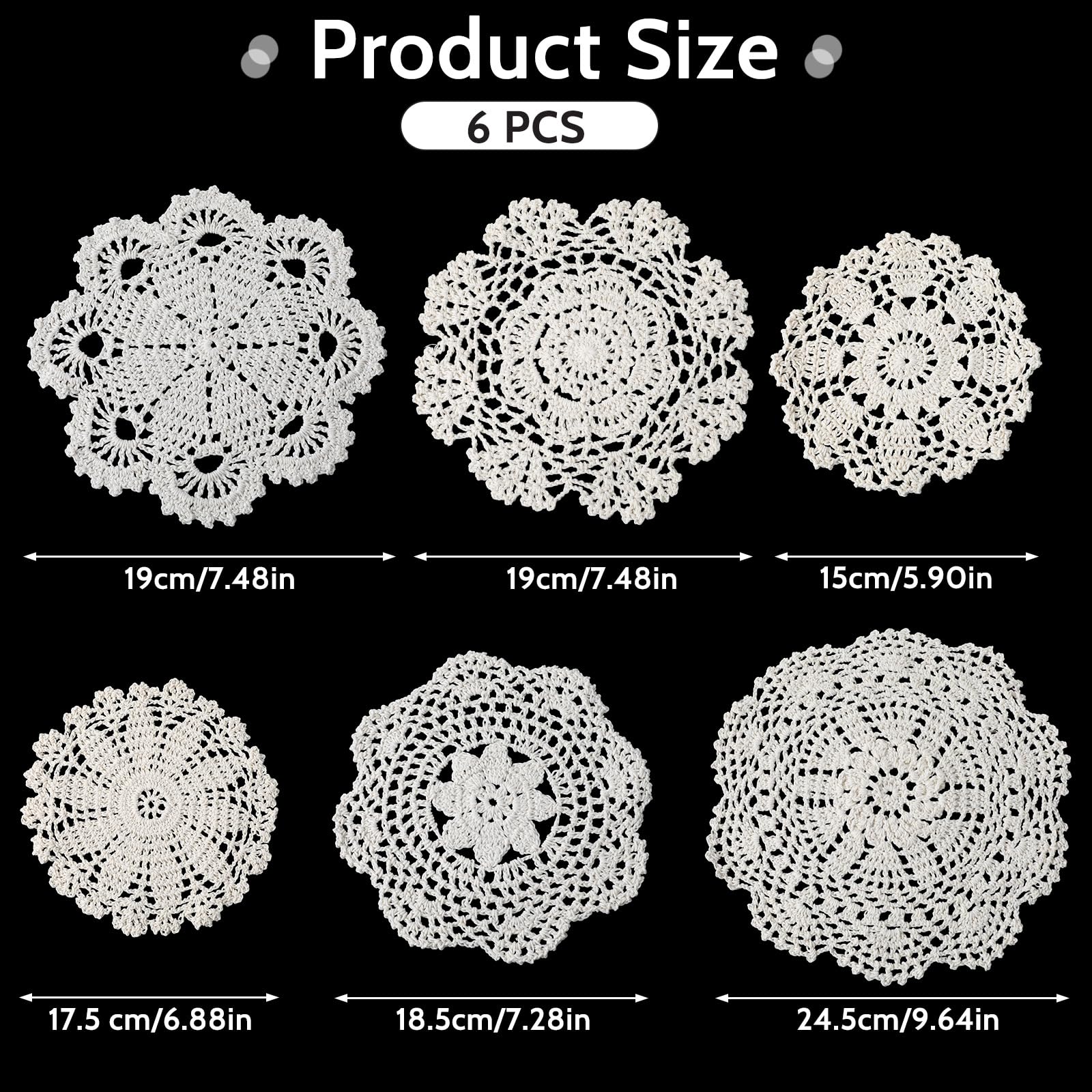 6Pcs Cotton Lace Doilies Vintage Crochet Doilies 6 to 8 Inch Round Cotton Handmade Lace Cloth Fabric Placemats Doilies for Tables Kitchen Dining Room Dessert Coasters Wedding Birthday Party Decoration