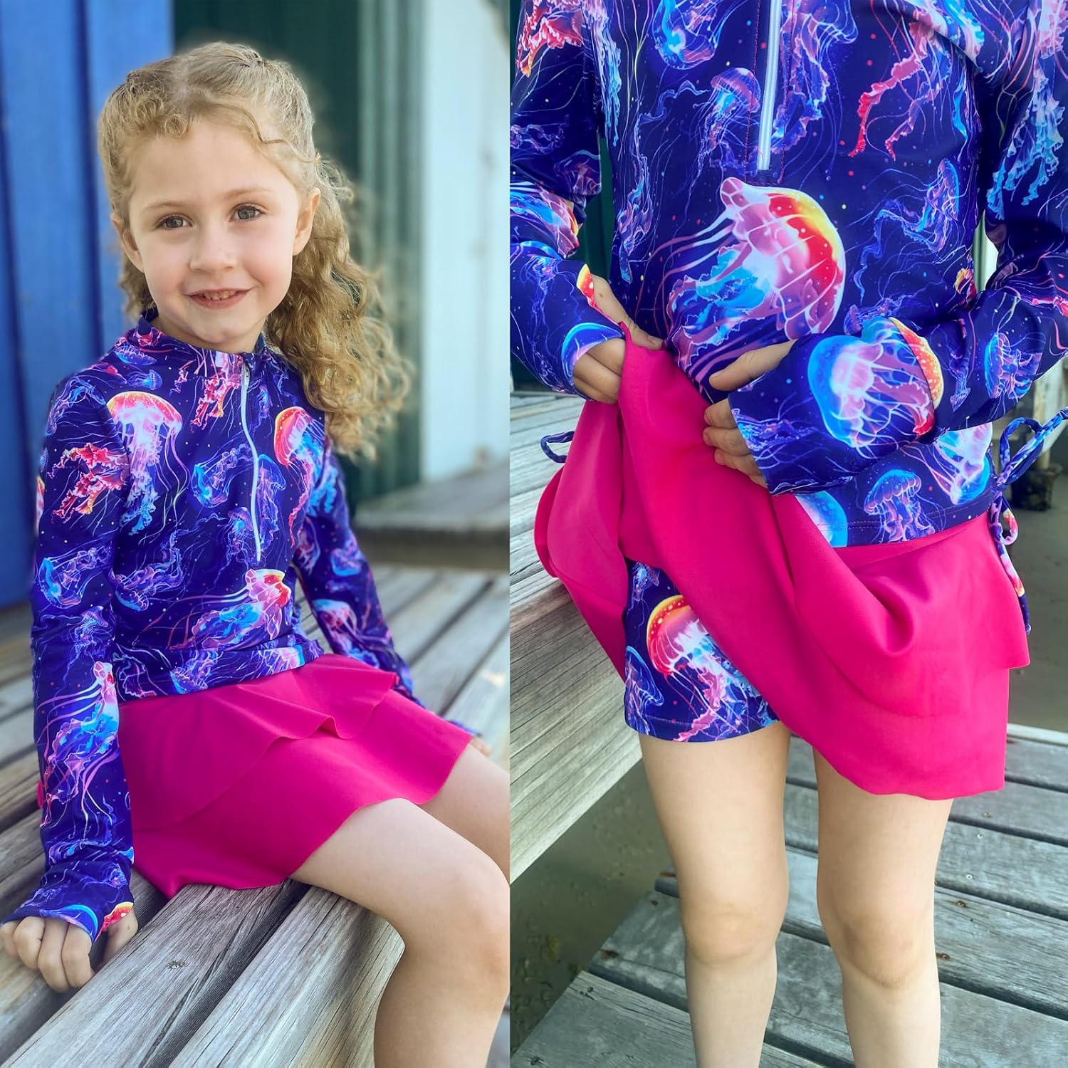 Vogseek 3-12T Girl Swimsuits 2pcs Long Sleeve Swim Rashguard Bathing Suit with Cover-ups Skirt - Image 2