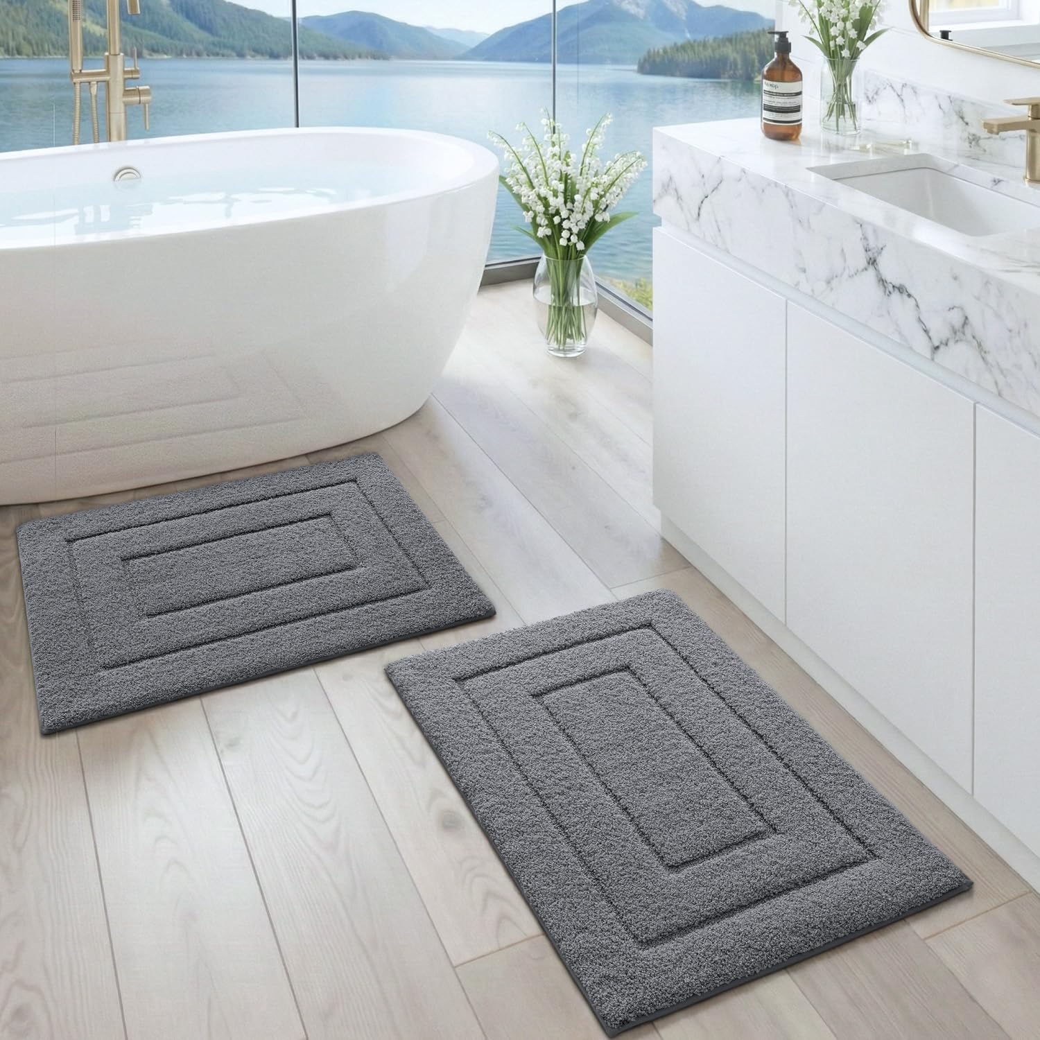 DEXI Bath Mat Sets 2 Piece 40 x 60 cm, Extra Soft Absorbent Microfiber, Non-Slip Bathroom Mats, Machine Washable Rugs for Shower Floor, Grey