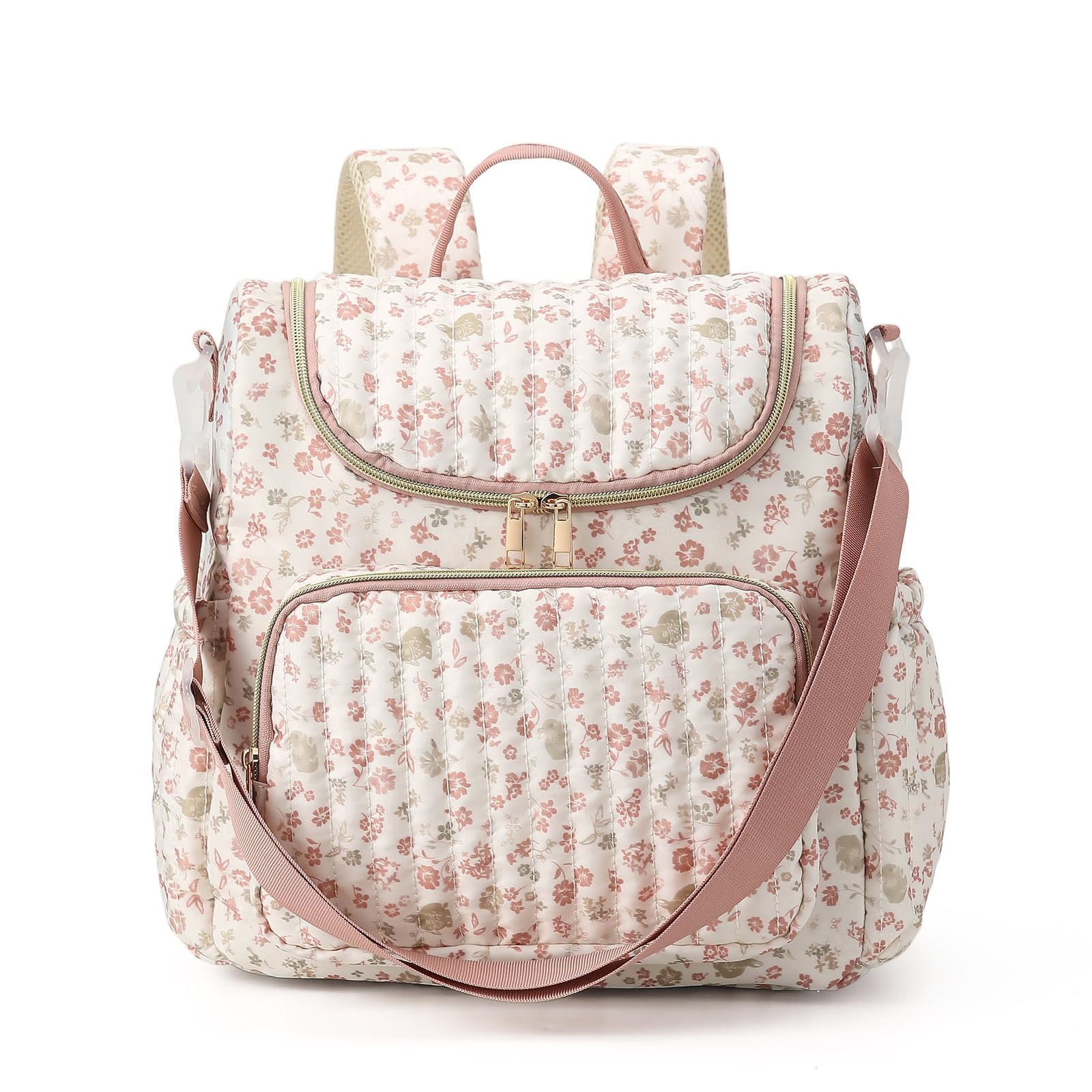 Quilted Diaper Bag Backpack Floral Baby Nappy Changing Bag Backpack for Mum Baby Travel Backpacks with Stroller Strap (Cottagecore Mixed Flower)