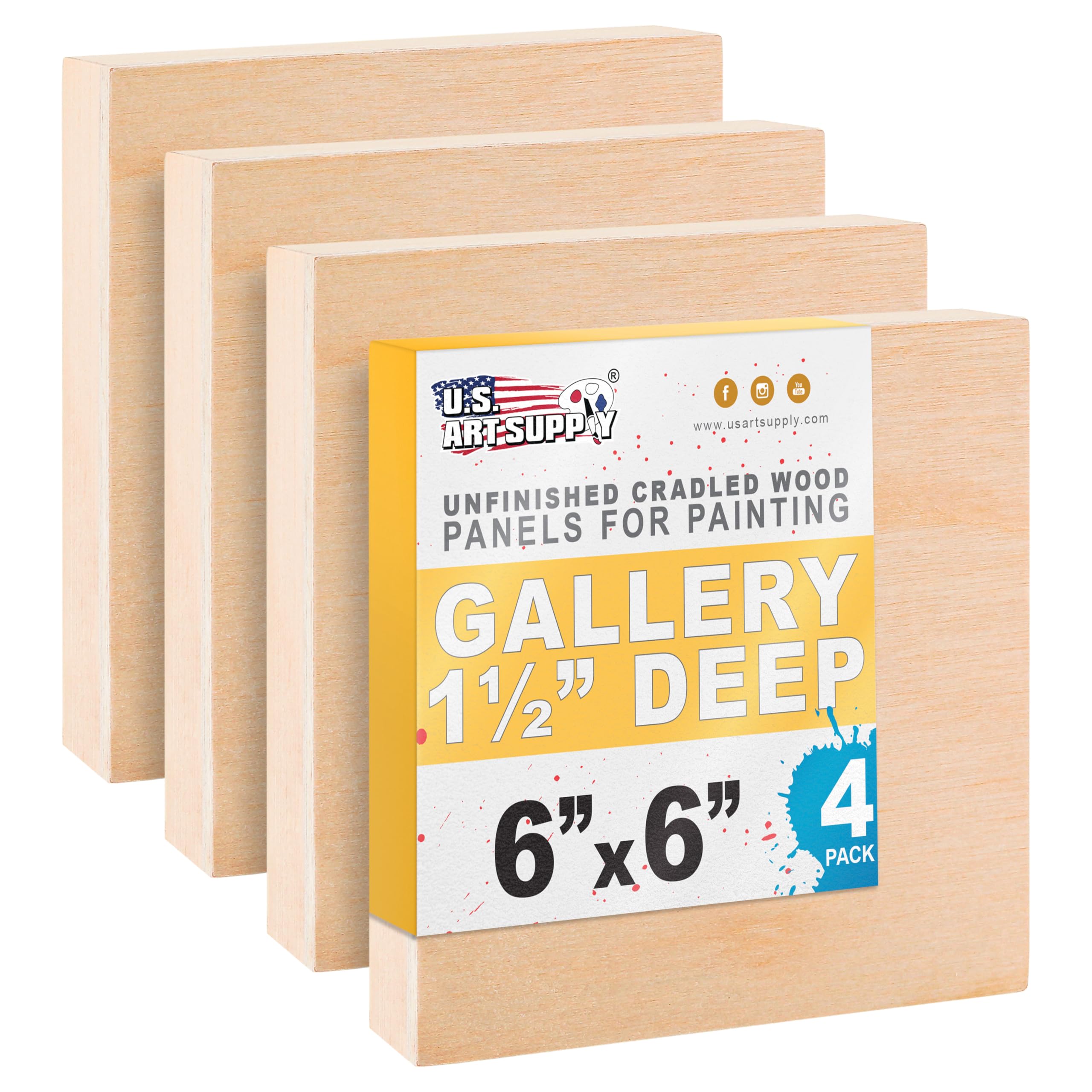U.S. Art Supply 6" x 6" Unfinished Cradled Wood Panels for Painting, Gallery 1-1/2" Deep (4 Pack) - Artist Depth Wooden Wall Canvases - Mixed-Media Craft, Acrylic, Oil, Encaustic, Paint Pouring