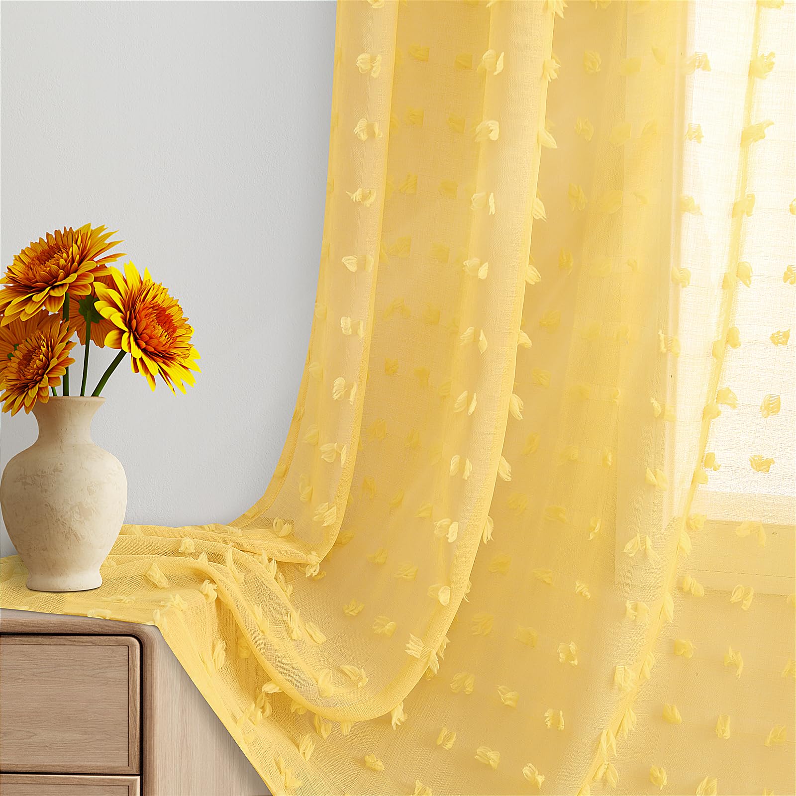 Jowels Yellow Sheer Curtains 96 Inches Long for Living Room Bedroom Boho Pom Pom Curtains 2 Panels Set, Back Tab Rod Pocke Curtain Easy to Install