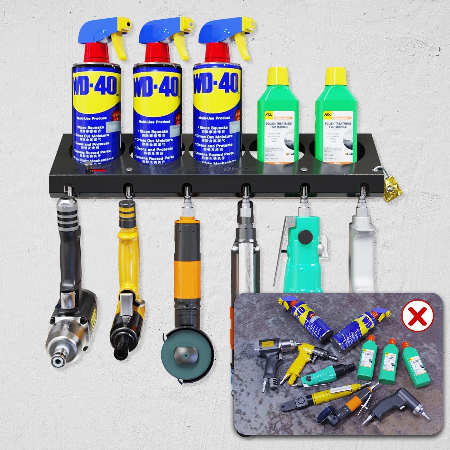 UNITEDPOWER Portaherramientas neumáticas con cerradura/estante de aerosol, soporte de botella de spray montado en la pared, organizador de herramientas de aire, para garaje y espacio de trabajo, 5