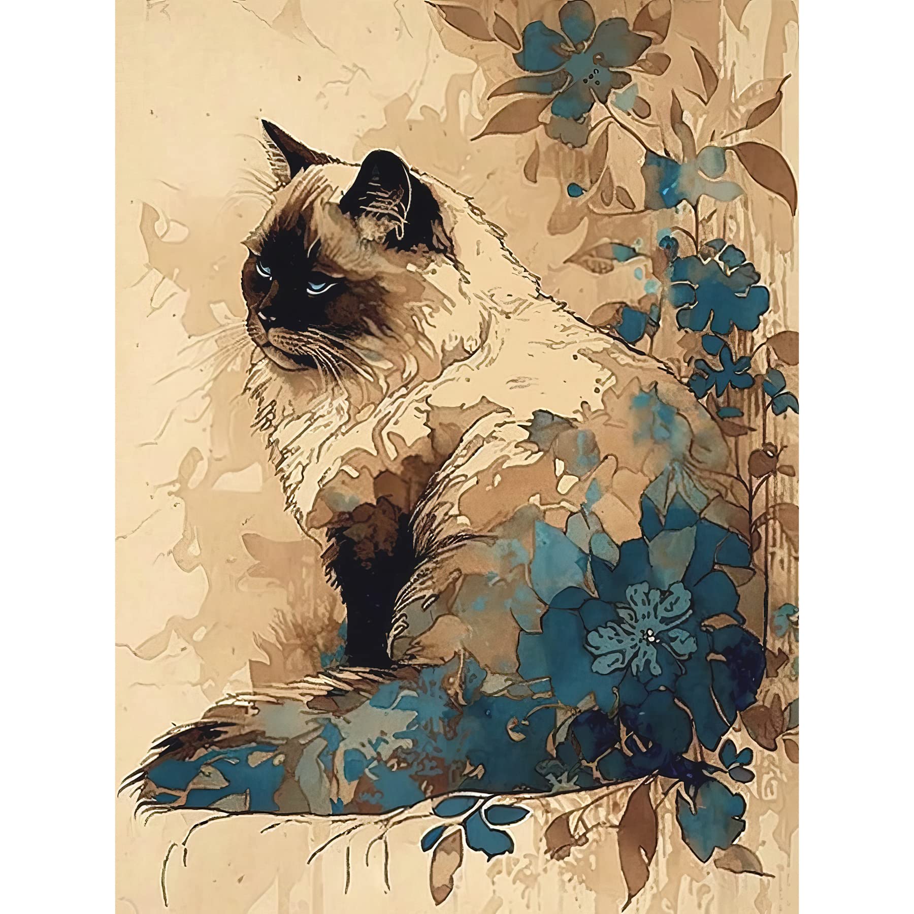 Artery8 Ragdoll Cat with Floral Patterns Watercolour Illustration Art Print Canvas Premium Wall Decor Poster Mural