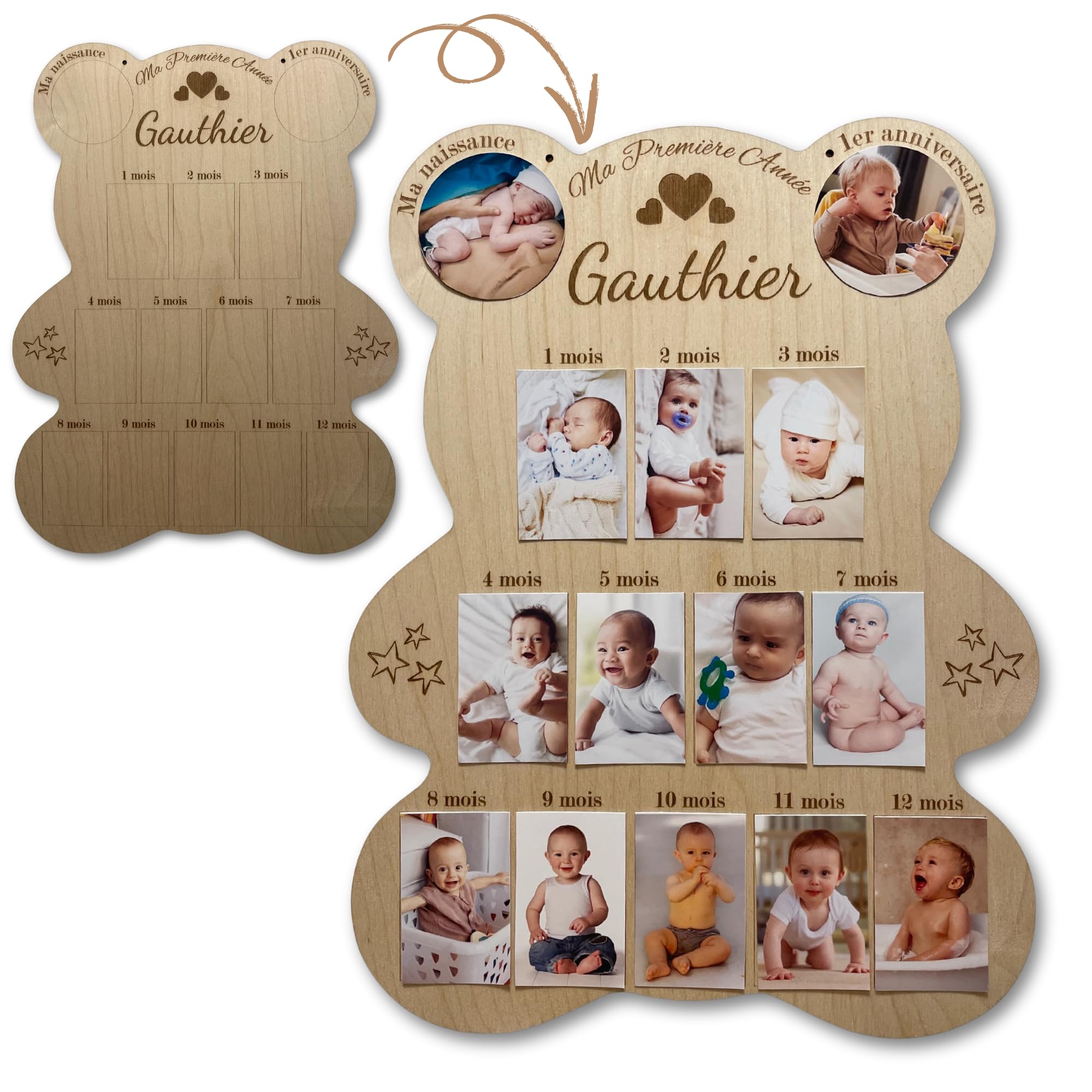 Cadre Photos Pêle-Mêle Ours en Bois Personnalisé - Souvenirs Première Année Bébé - Cadeau Naissance Baptême Décoration Chambre Enfant