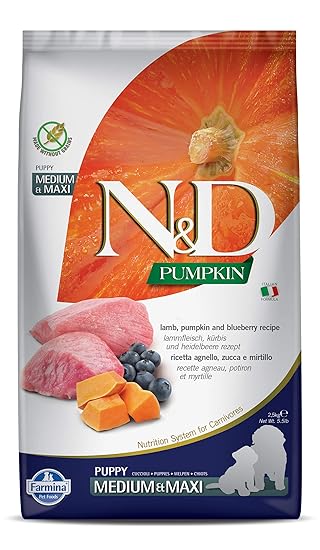 FARMINA PET FOODS N&D Pumpkin Dry Dog Food, Grain-Free, Puppy Medium & Maxi Breed, 2.5-kg, Lamb and Blueberry