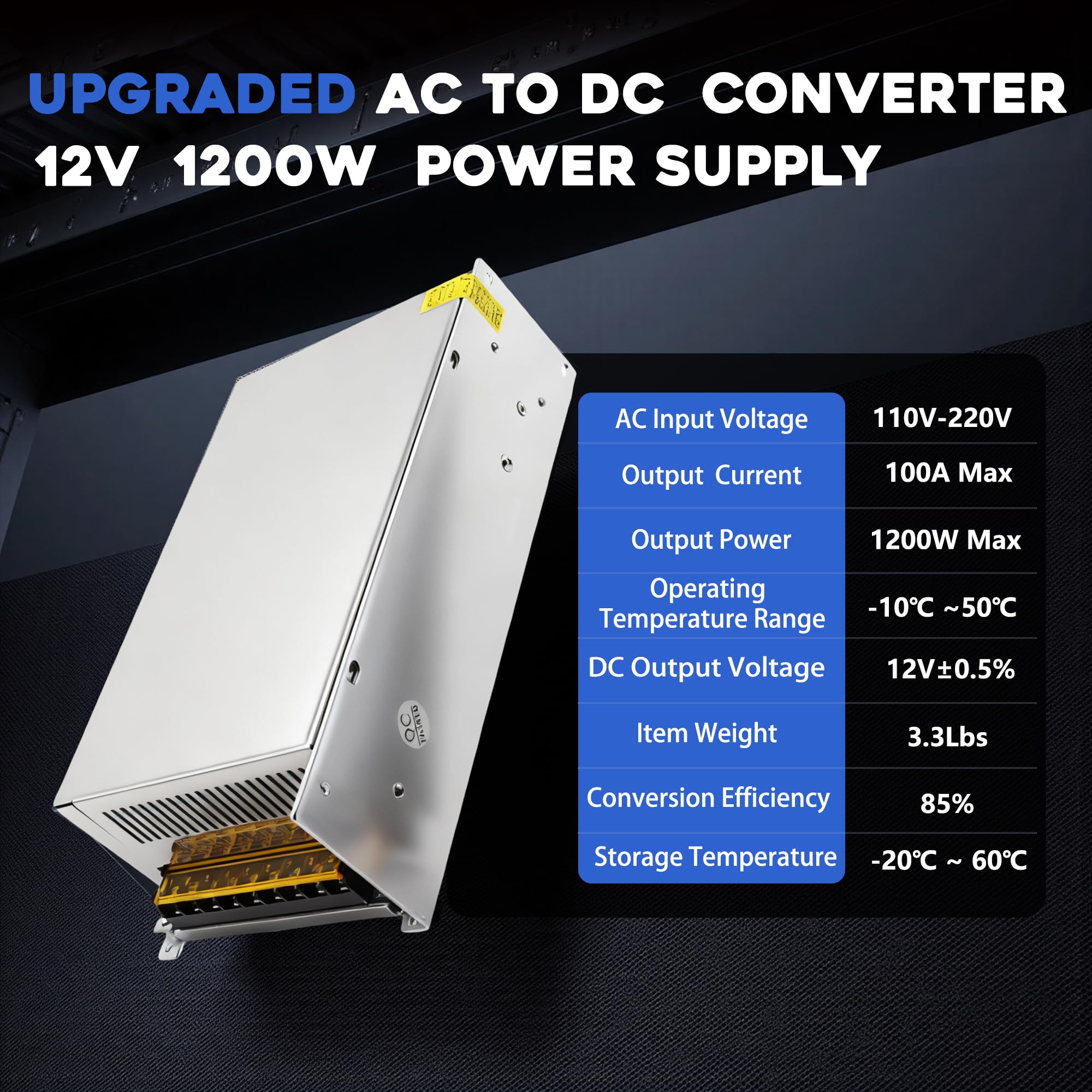 Convertidor de CA a CC de 12 V, 100 A, 1200 W, fuente de alimentación universal SMPS 110 V/120 V/220 V CA a CC, adaptador de controlador transformador para CCTV, RV, bomba, tira LED (DC12V-100A-1200W)