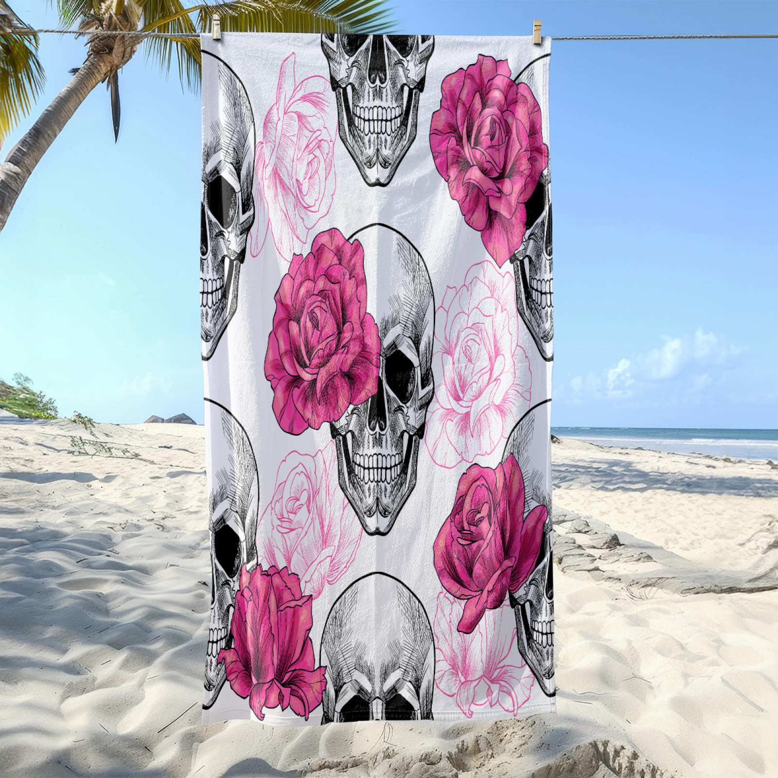 Serviette de Plage Fleur Crâne Rose Drap de Plage Anti Sable Portable Serviette de Bain XXL Piscine Toilette Sport Microfibre Ultraléger Towel Absorbant Séchage Rapide 200x220cm