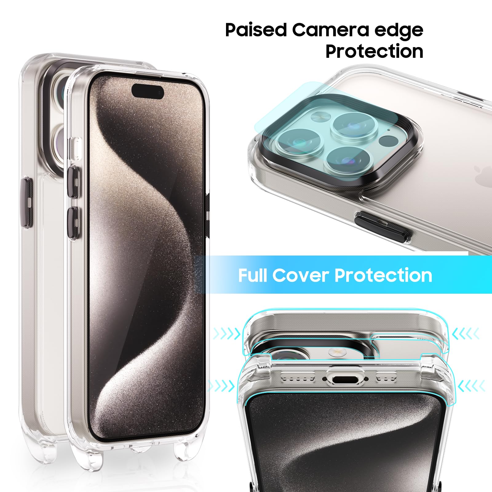 UYMO Telefoonhoes Voor IPhone 14 Met Koord, 2x Screenprotector En Camerabescherming – Doorzichtig, Grijs, Ophangbaar