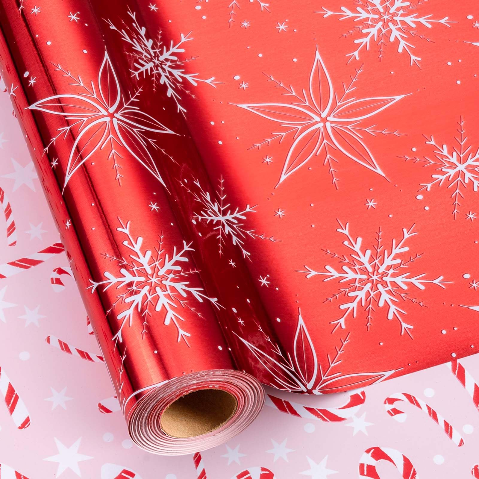 MAYPLUSS Red Christmas Wrapping Paper Roll - 17IN X 33FT - Christmas Gift Wrapping Paper Featuring White Snowflake Reversible Candy Cane for Kids, Holiday, New Year