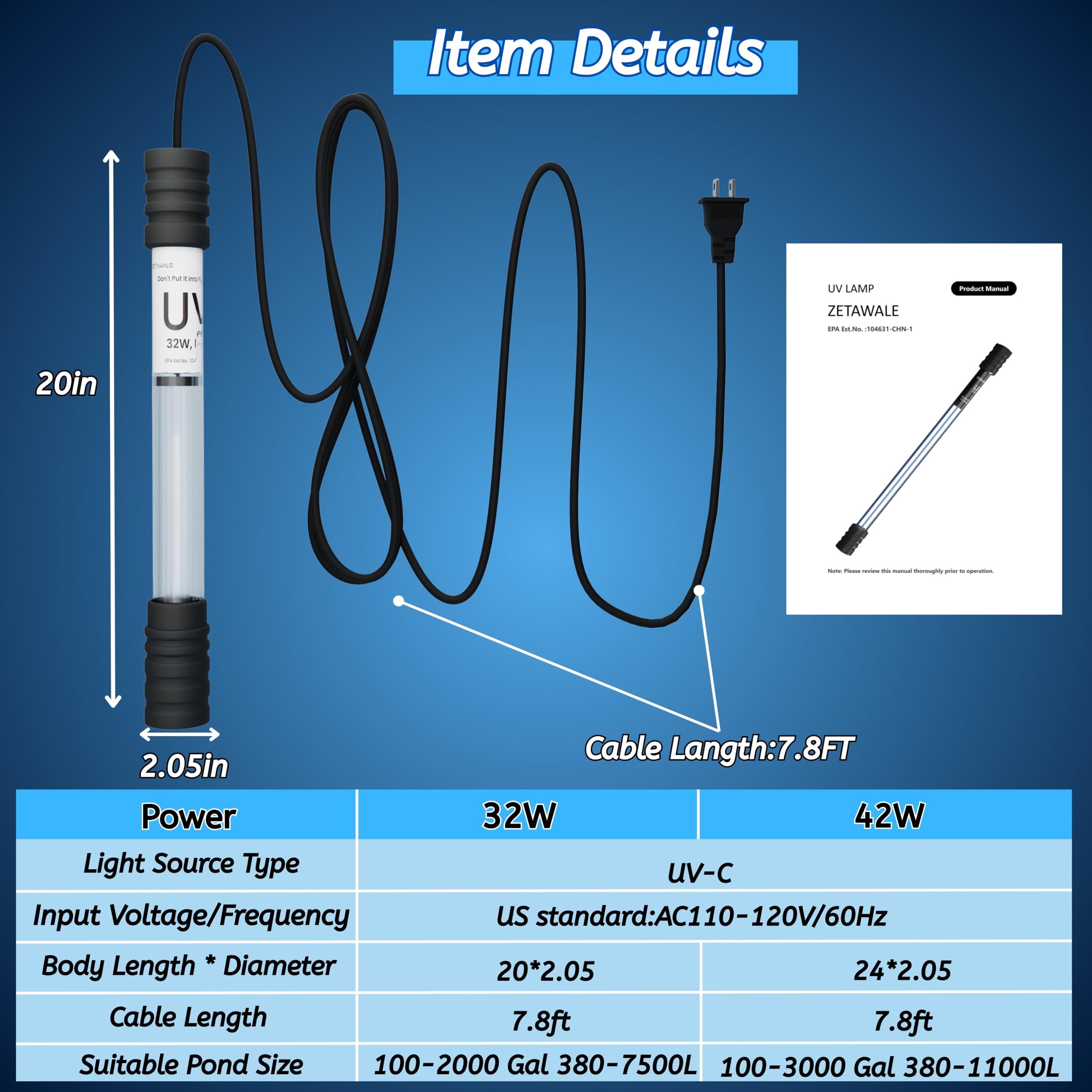 Luce UV per laghetto per acquario, chiarificatore UV per laghetto da 100-2000 galloni, filtro UV per laghetto koi, spa, grande acquario con luce UV, per controllo delle alghe e stagni