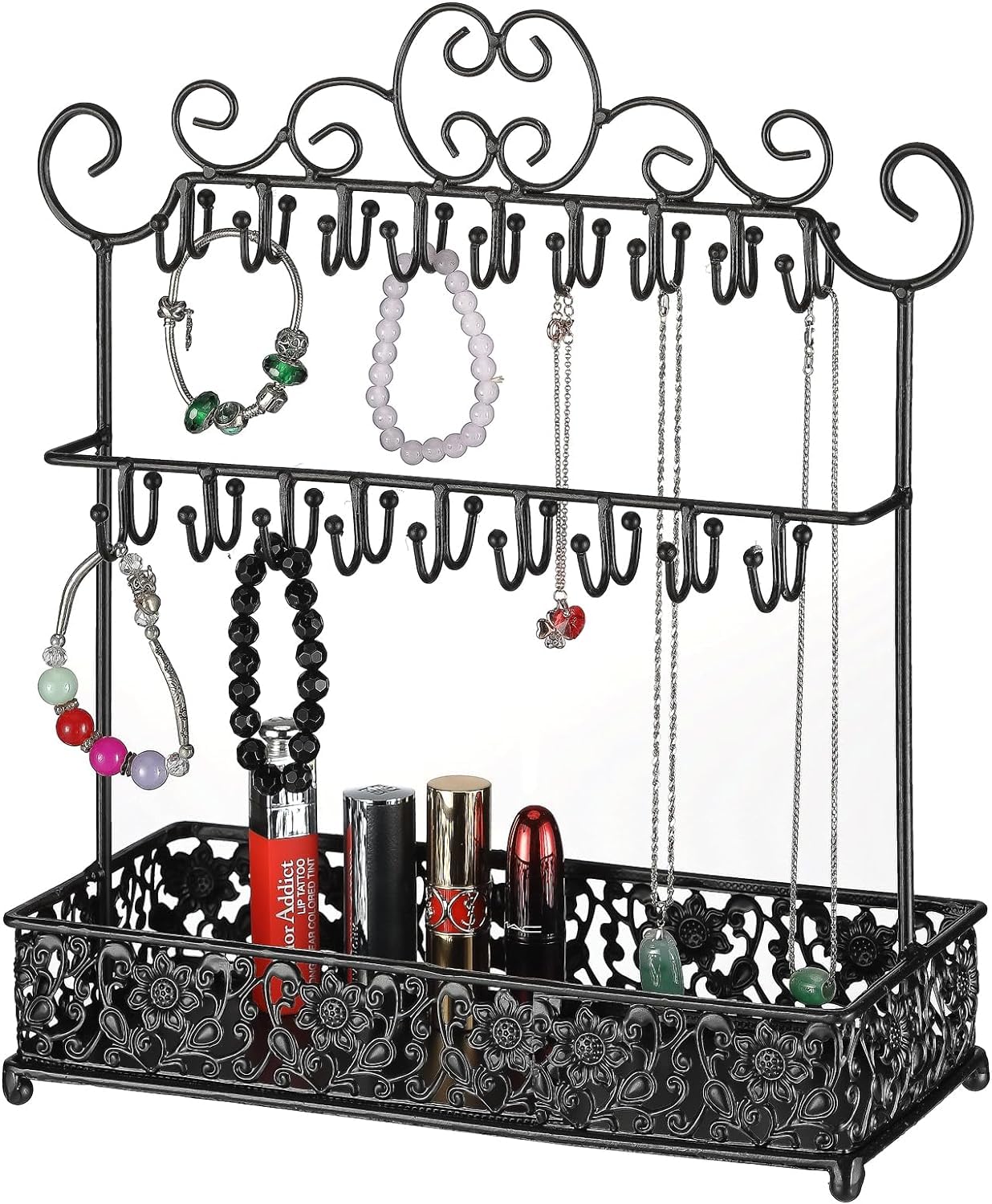 Retrome Jewelry Display Stand Necklace Holder with Ring Tray, 36-Hook, Black…