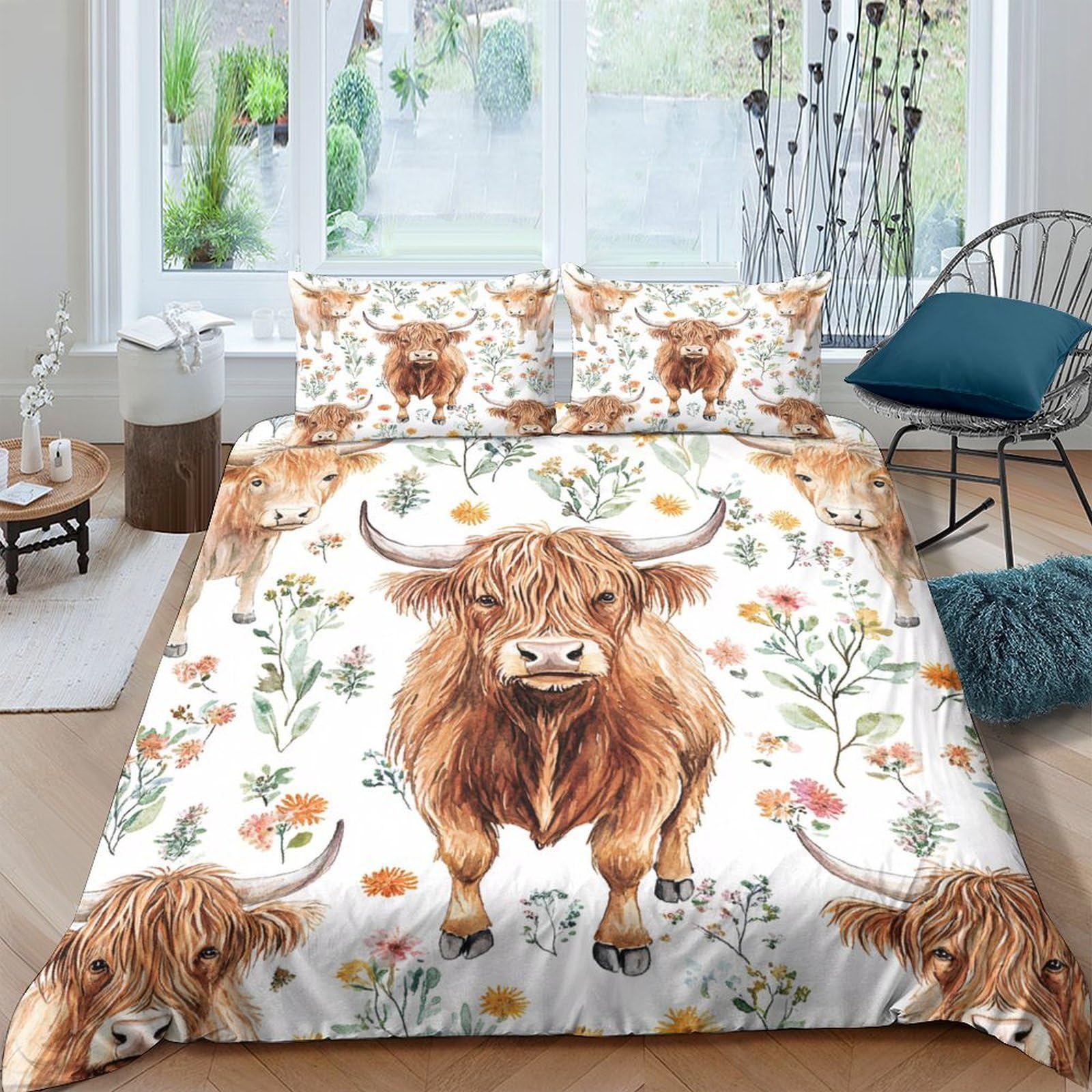 3D Printed Highland Cow Duvet Cover, Microfiber Comforter Cover Hidden
