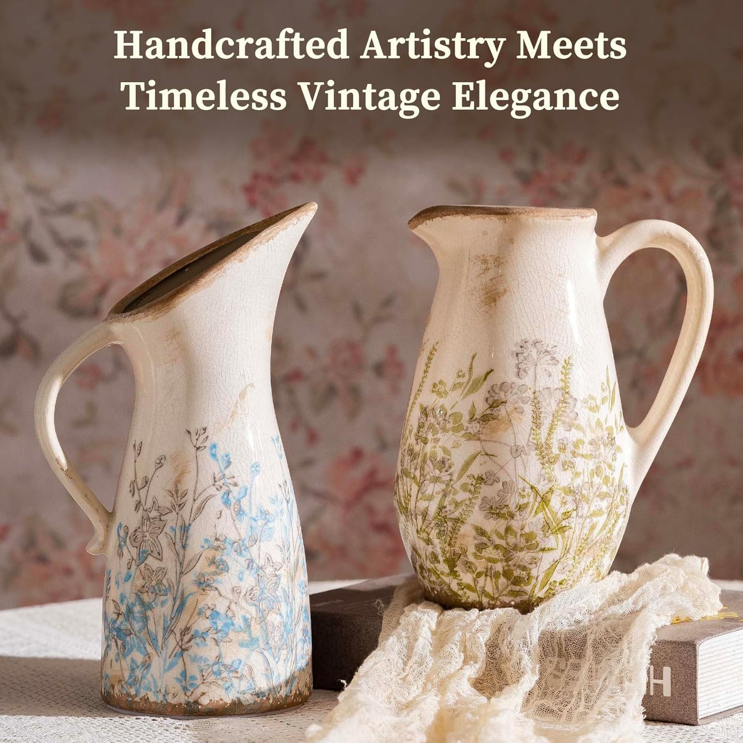 Vintage Ceramic Pitcher Vase with Handle, Farmhouse Blue and Brown Large Floral Vases, French Country Decorative Vase, Rustic Table Centerpiece for Home Decor Living Room, Bookshelf, Office 10.5 Inch - Image 4