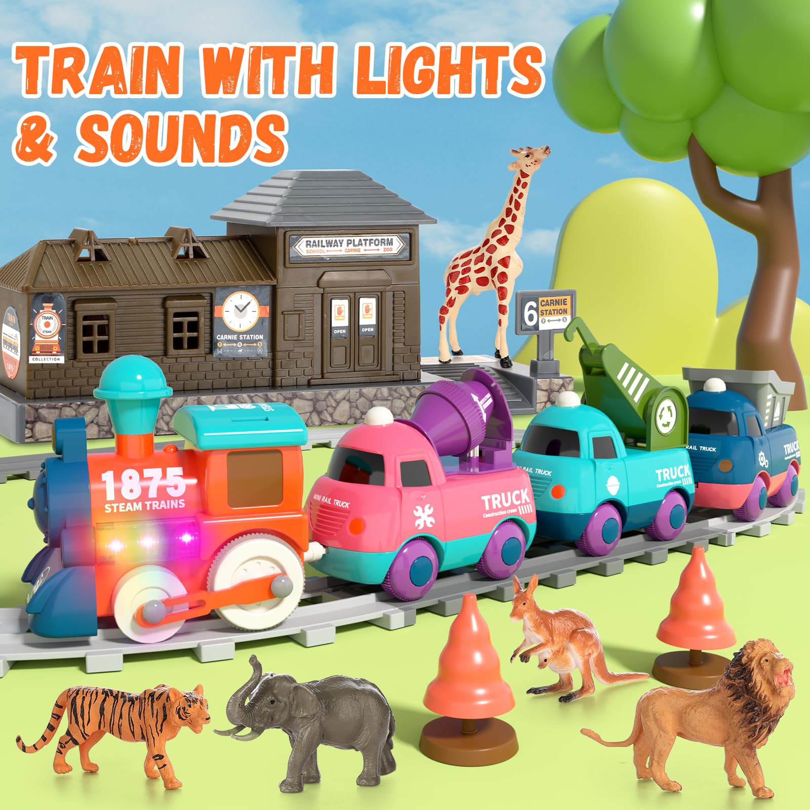 BLF FUN Train Set for Toddlers, Electric Train Toys with Light, Music and Animals, Toddler Magnetic Train Track Playset 3-5, Birthday Gifts for 3 4 5 Years Old Boys Girls