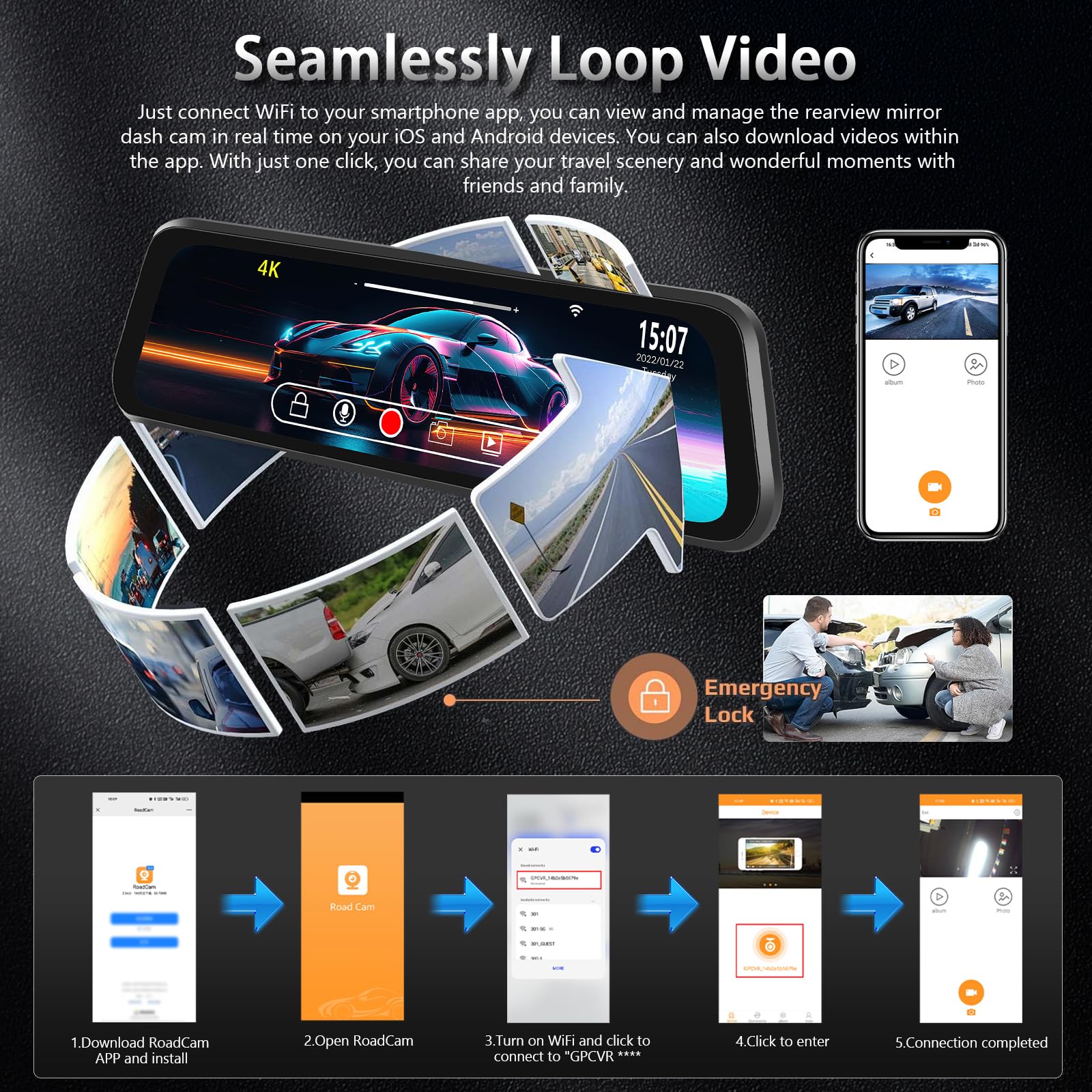 4K Podofo Dashcam Voiture Rétroviseur Écran Tactile, 9,66 Pouces Arrière et Avant Full HD 150° Avant + 120° Arrière Media DVR avec Super Vision Nocturne/G-Sensor/Capteur G/Monitor+Caméra de Recul