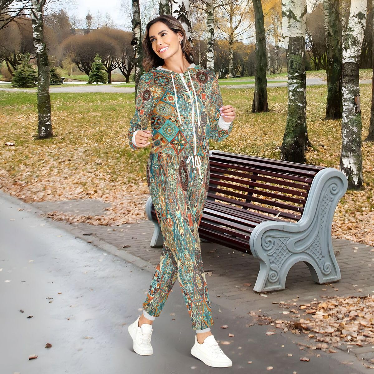 Conjunto deportivo de 2 piezas para mujer, diseño étnico floral, mandala, manga larga, conjunto deportivo indio bohemio