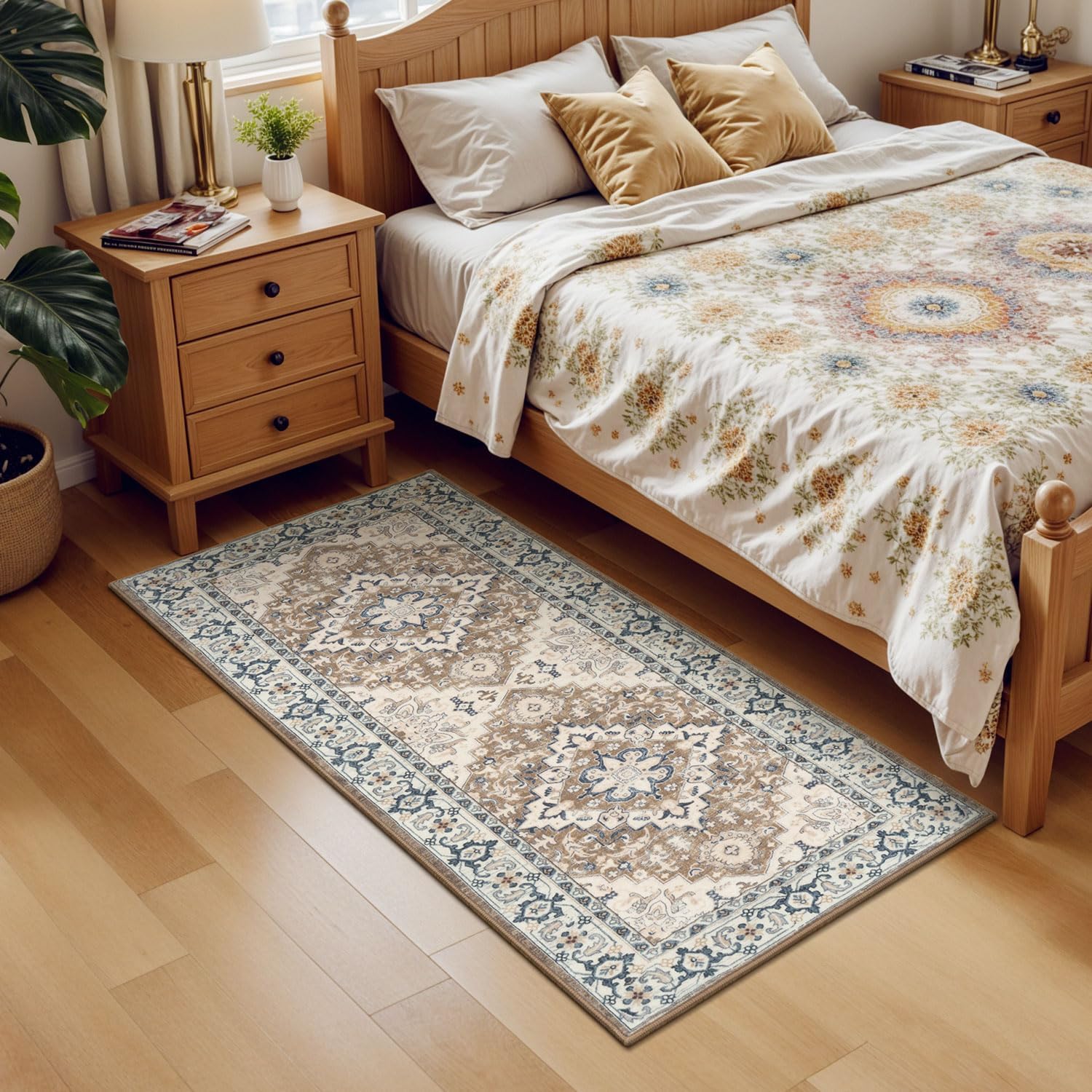 Lessymo 2 x 5 Runner Rug, Machine Washable Area Rugs Boho Faux Wool Low Pile Area Rug for Bedroom, Floral Medallion Vintage Rugs with Non-Slip Rubber, Brown Beige