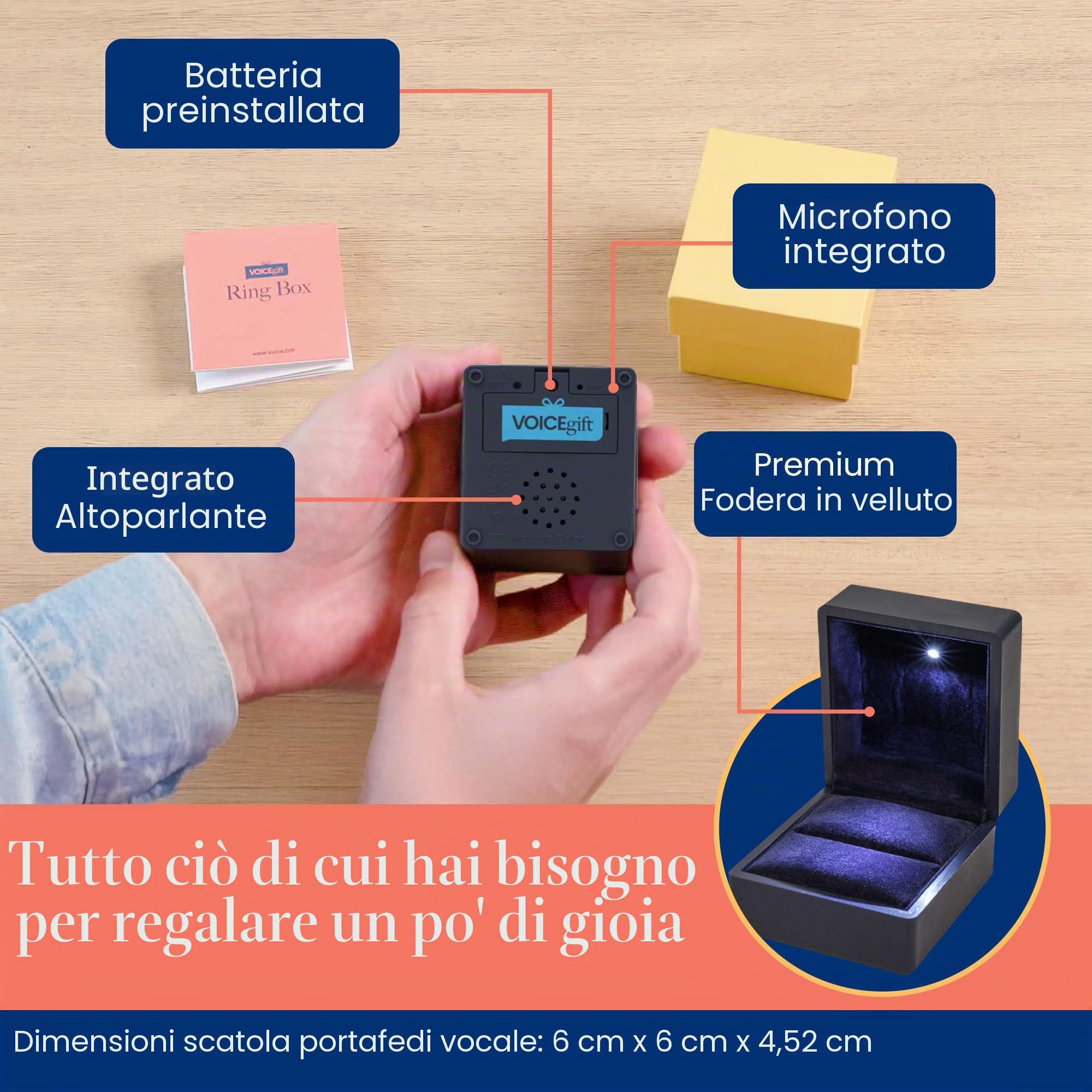 VOICEGIFT Registratore di suoni e audio da 60 secondi per cornici, album e album (Scatola ad anelli registrabile | Blu notte)