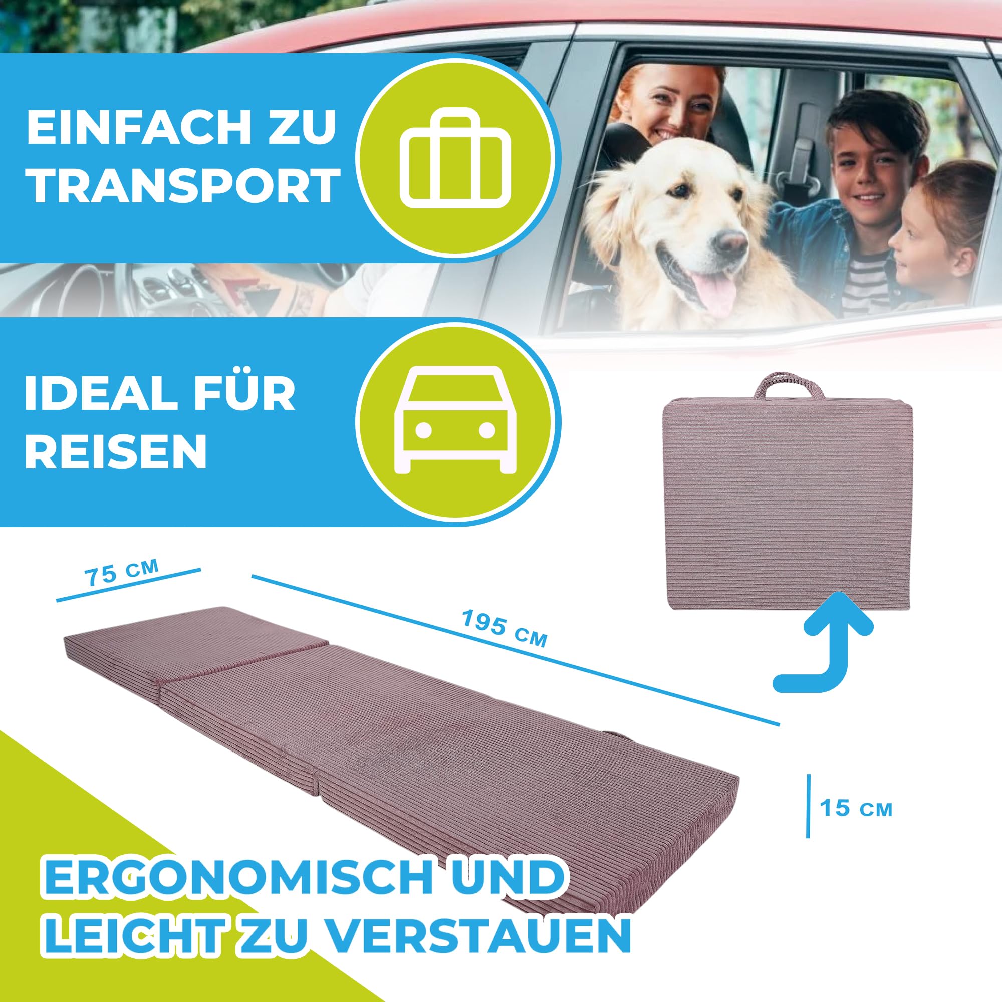 Klappmatratze 195x75x15 cm mit abnehmbarem Bezug & Tragegriffen