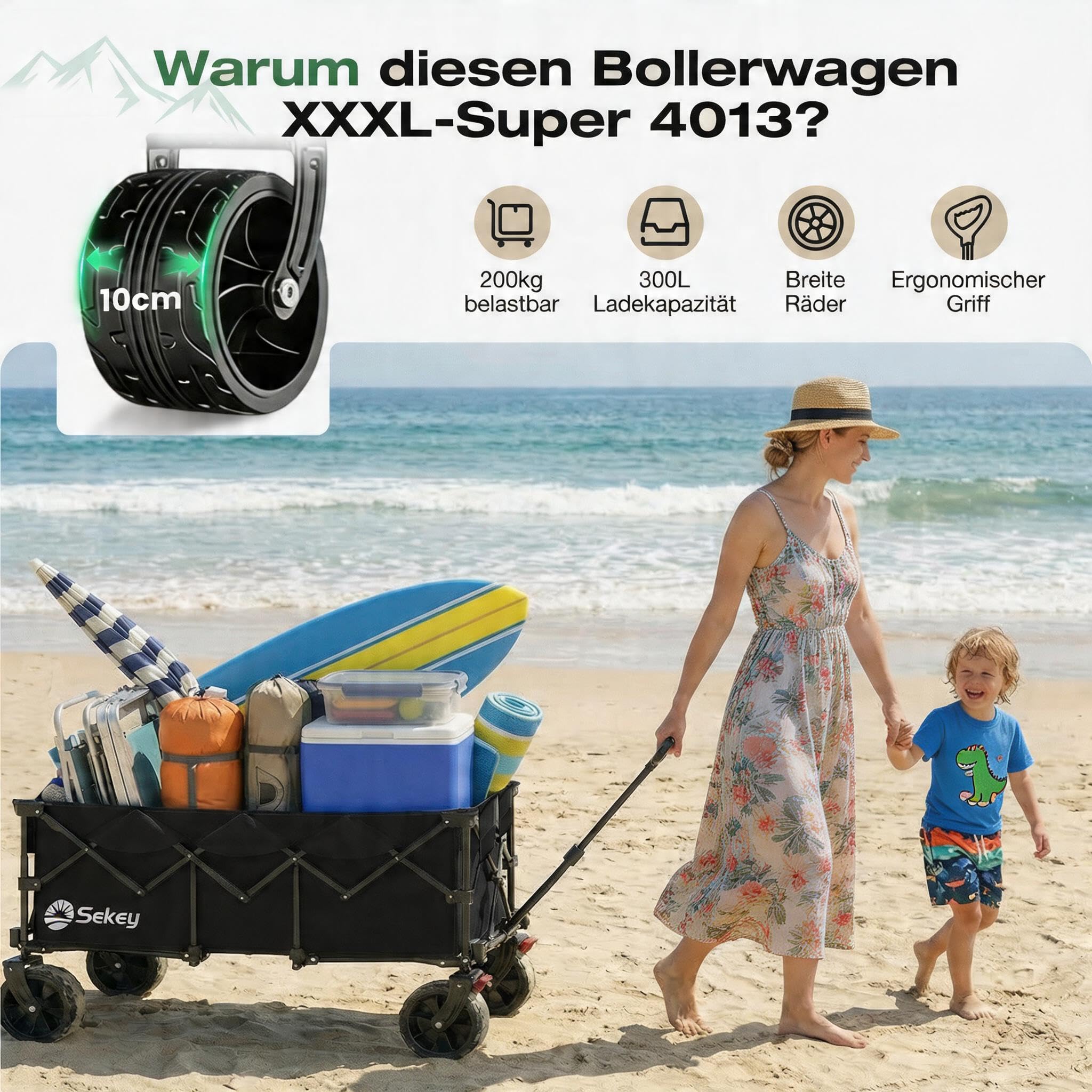 Sekey XXXL Bollerwagen Faltbar 300L 200KG All-Terrain-Räder Transportwagen Schwarz