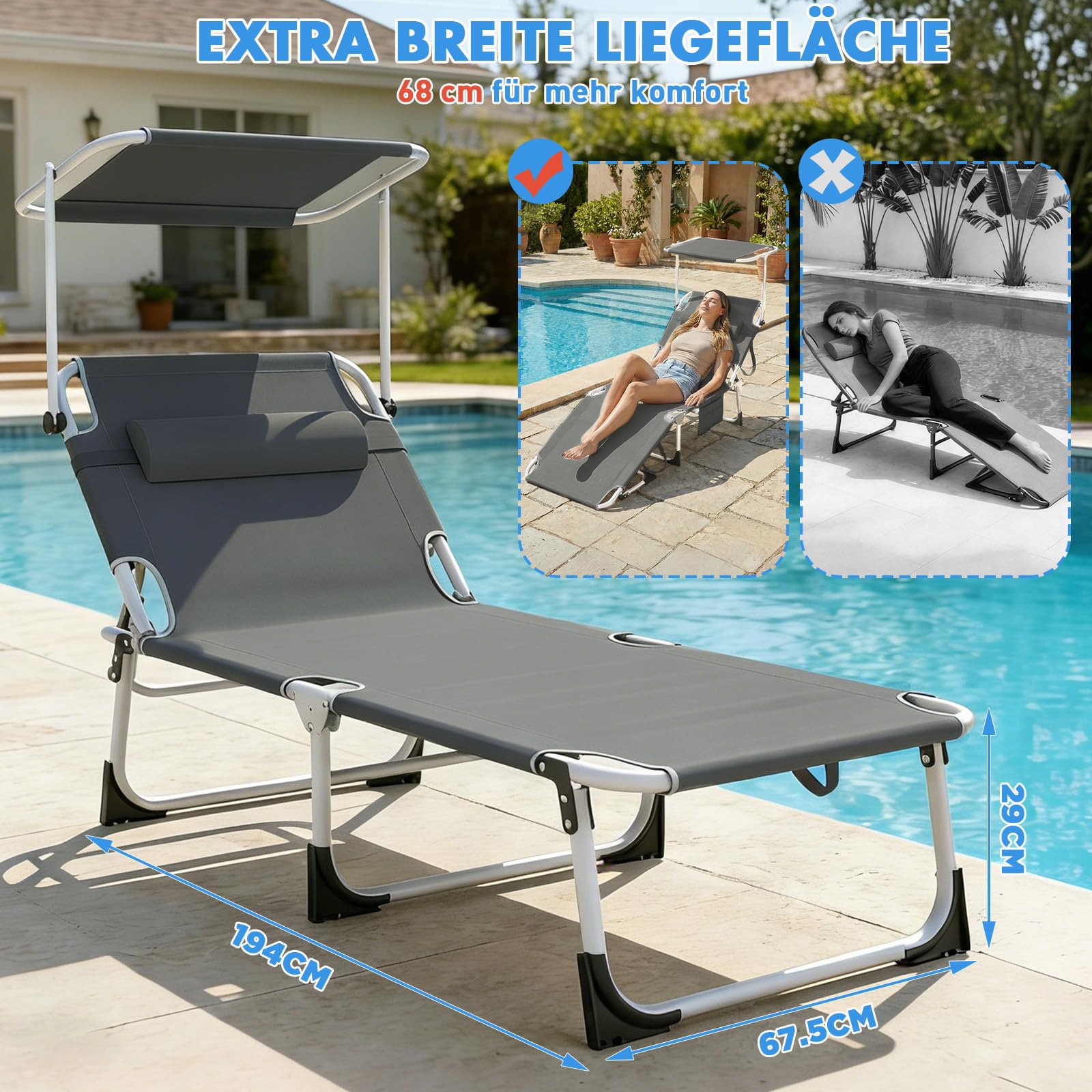 Huracan Sonnenliege klappbar Groß 2X, Gartenliege mit Dach, Liegestuhl mit 4-Fach Verstellbarer Rückenlehne, Kopfkissen, wetterfeste Strandliege bis 100kg belastbar, für Garten Strand Pool, Anthrazit