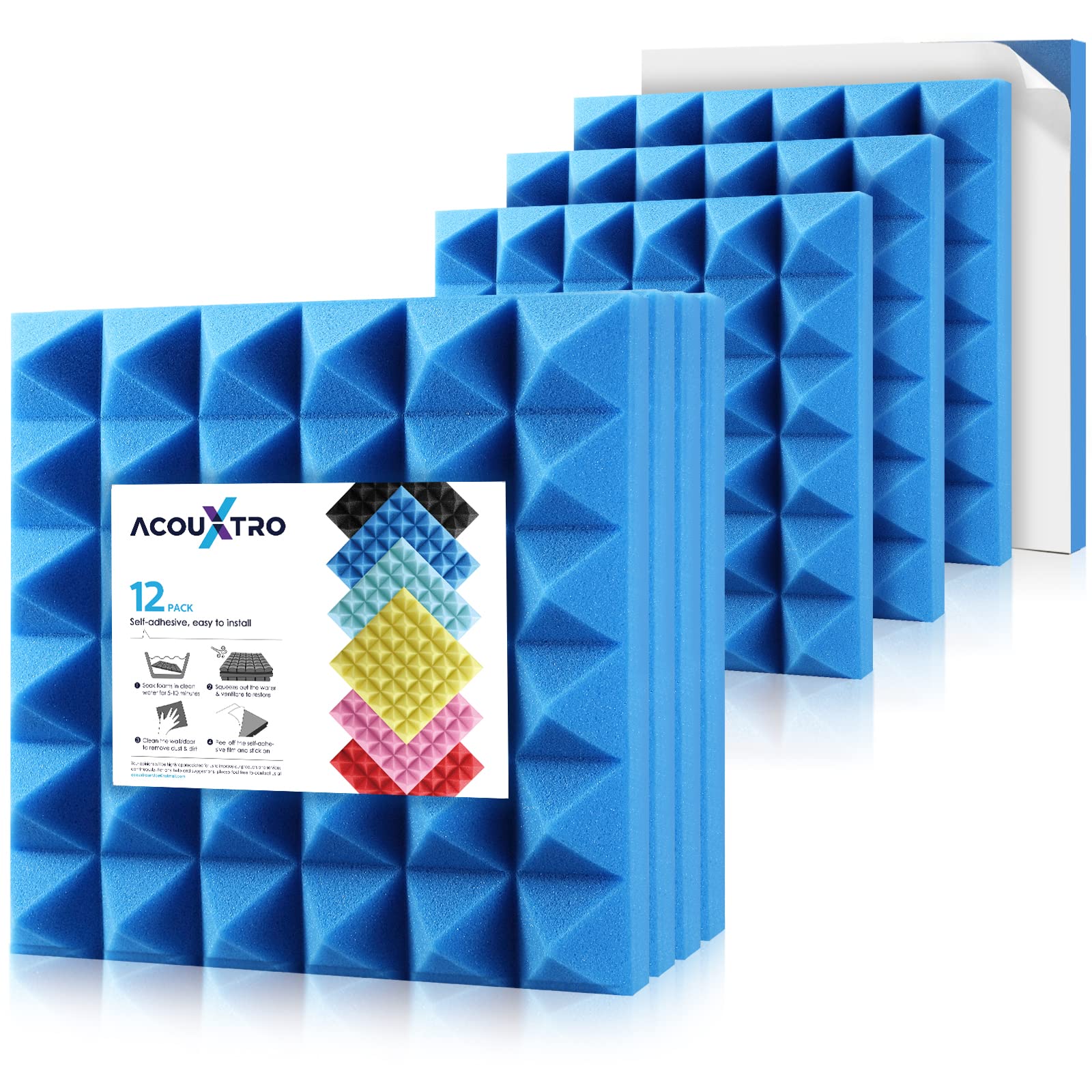 AcouXtro 24 Pack Sound Proof Foam Panels, 12 x 2 inches Acoustic Panels with Self-Adhesive, Insulation Tiles for Wall, Proofing Padding NPyramid-Nlue
