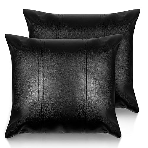 AOOTOOLINK Faux Leather Throw Pillow Cover 16X16 Inch Set of 2 Black Outdoor Modern Farmhouse Solid Decorative Pillow Covers for Room Couch Living Bedroom Bed Sofa - Black - 16" x 16" (Pack of 2)