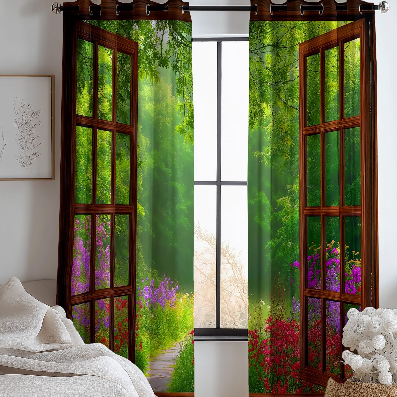 Genérico Bosque Verde Flores Cortinas Opacas térmicas Que bloquean la luz, Parete Artistica Cortinas Opacas con Ojales para Dormitorio y Sala de Estar 140 x 260 cm (2 Paneles)