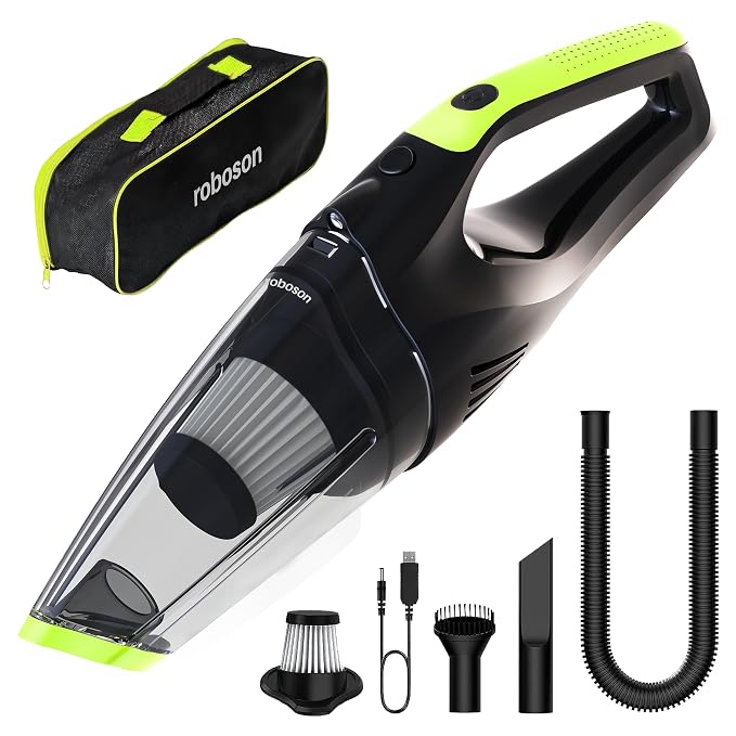 Roboson VC201 Handheld Cordless Vacuum Cleaner for Home and Car Powerful 6 kPa Suction for Dust & Pet Hair Removal, Rechargeable Wireless Wet/Dry for Bed and Sofa with LED Light
