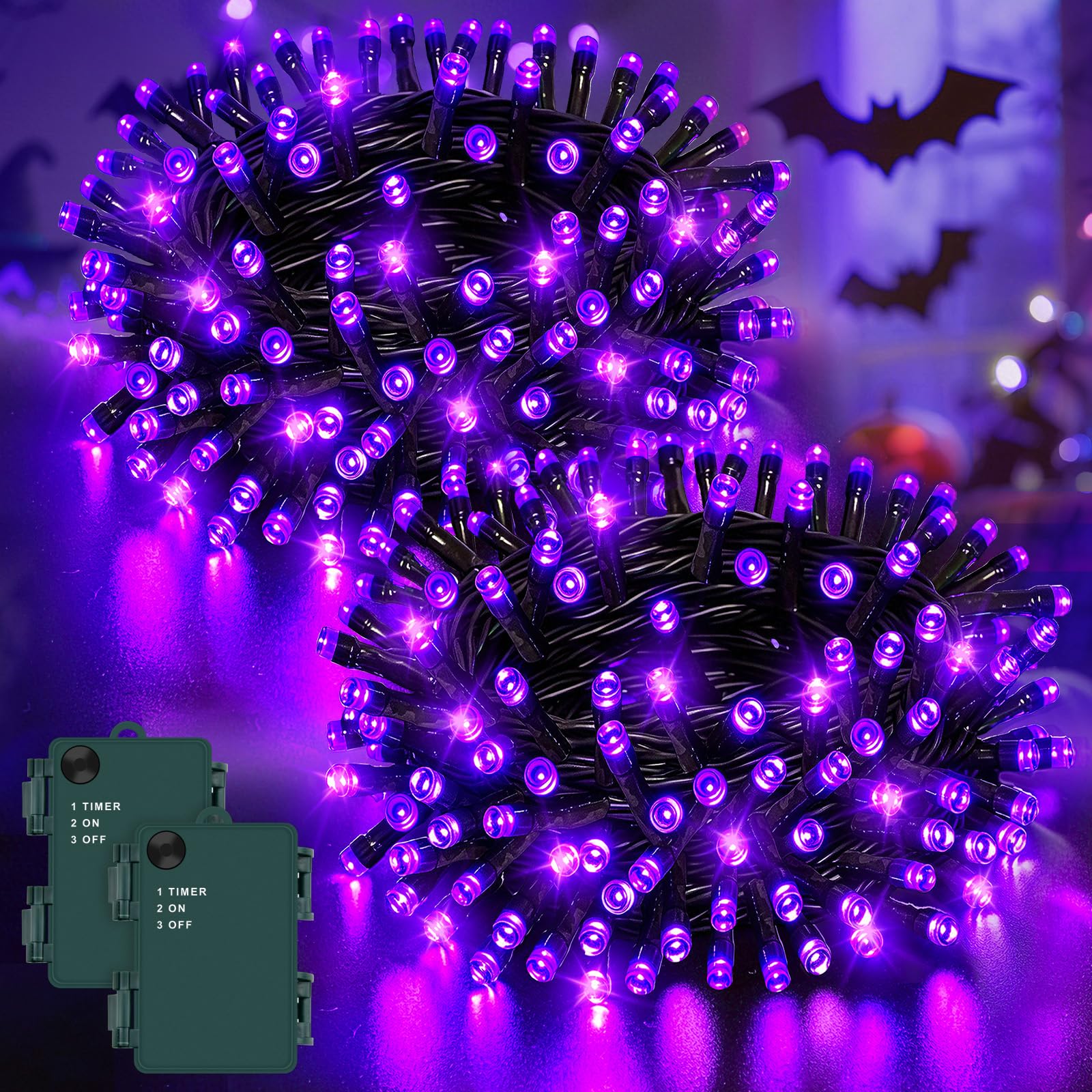 Dalugo Halloween Decoration Lights 2 Packs, 5M 50 LED Purple Fairy Lights with Timer,IP65 Waterproof Battery Operated Lights for Party Decorations