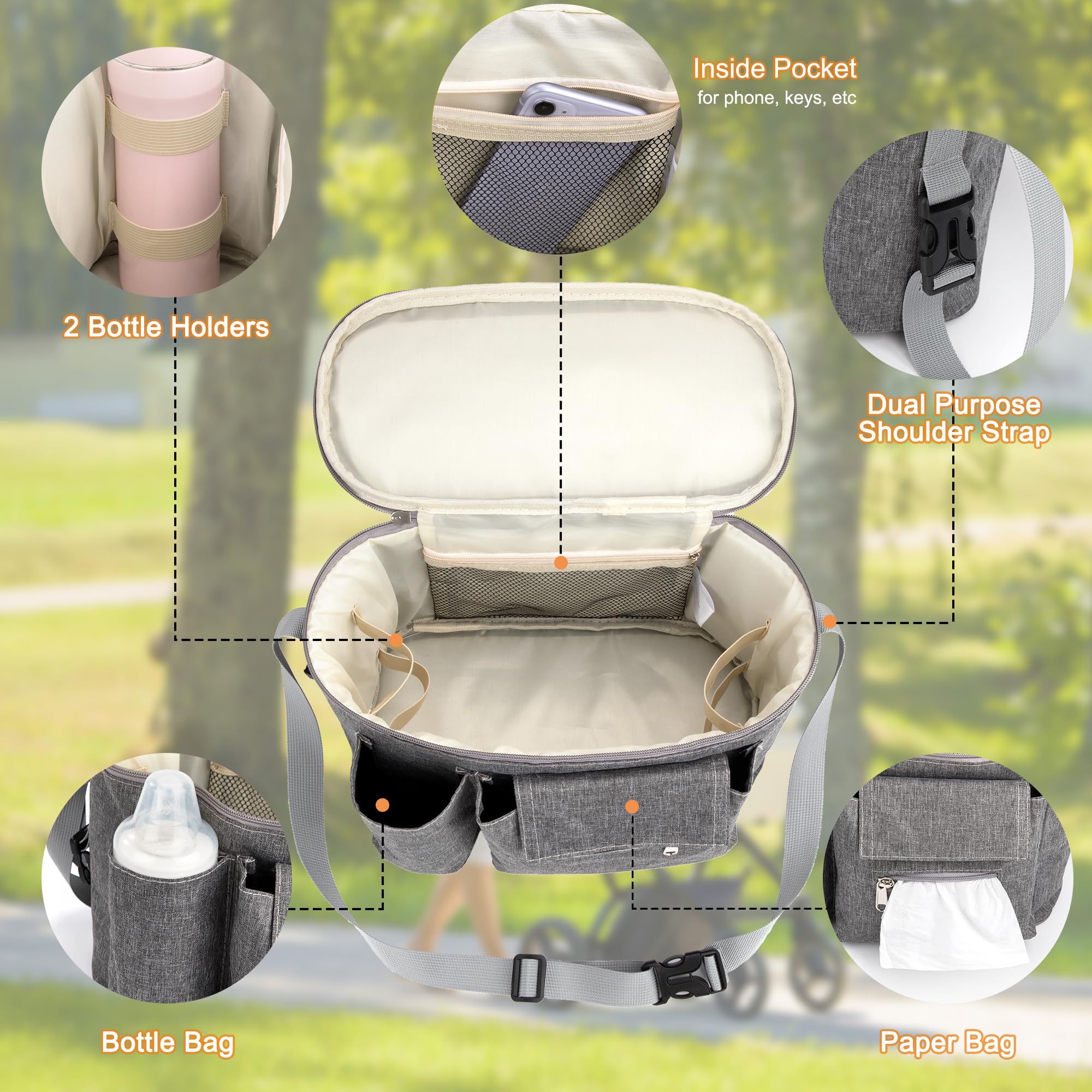 Borsa Organizer per Passeggino Universale con 3 Portabicchieri Borsa Neonato Passeggino con Spallacci Regolabili per Biberon Pannolini Salviette Giocattoli