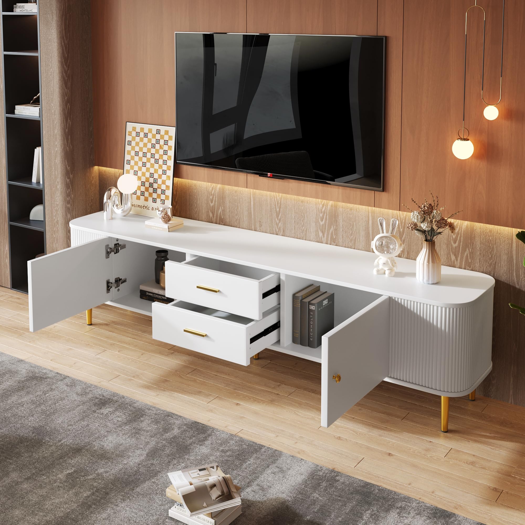 Wiuzo Mobile TV con cassetti, angoli curvi, soggiorno TV mobile con lati ondulati, maniglie dorate e gambe