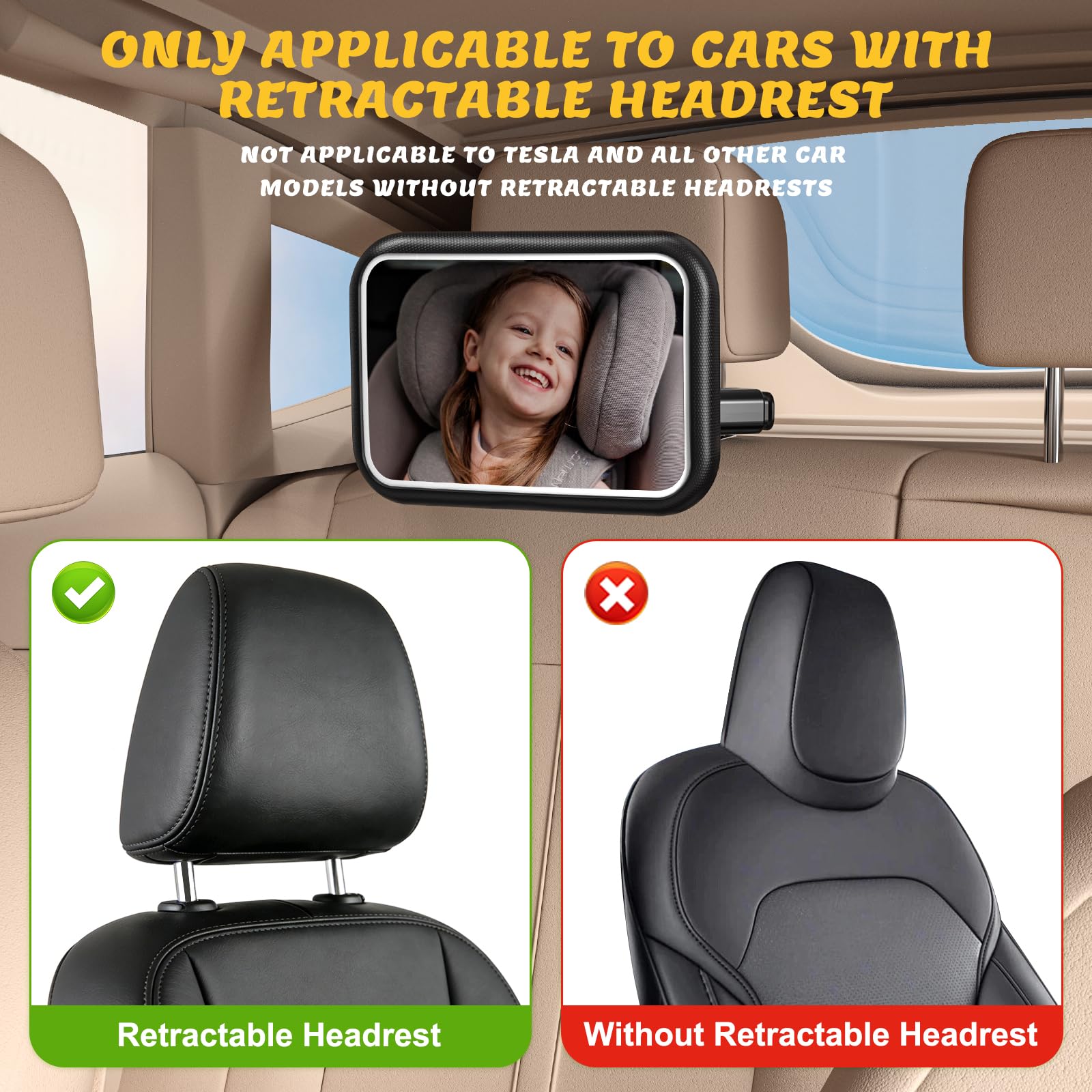Espejo de coche para bebé con luz, control remoto, espejo de asiento trasero para bebé, 7 modos de luz RGB, rotación de 360°, espejo de asiento de coche recargable para bebé, inastillable y gran