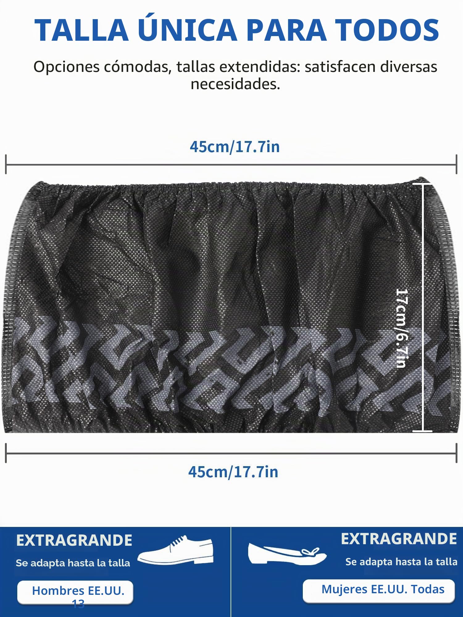 Cubrezapatos negros antideslizantes de tejido no tejido – 100 unidades (50 pares), desechables/reutilizables, con dibujo grip, resistentes a desgarros y desgaste, XL talla única hasta la 47 EU