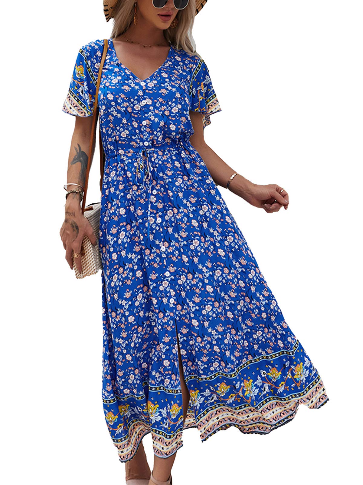 TEMOFON Women Bohemian Floral Dresses Summer V Neck Casual Flowy Split Maxi Dress S-XL