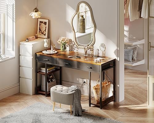 Miniatura 8 de AODK Escritorio de oficina de 55 pulgadas con cajones de tela y tomas de corriente, escritorio para computadora con estantes de almacenamiento y