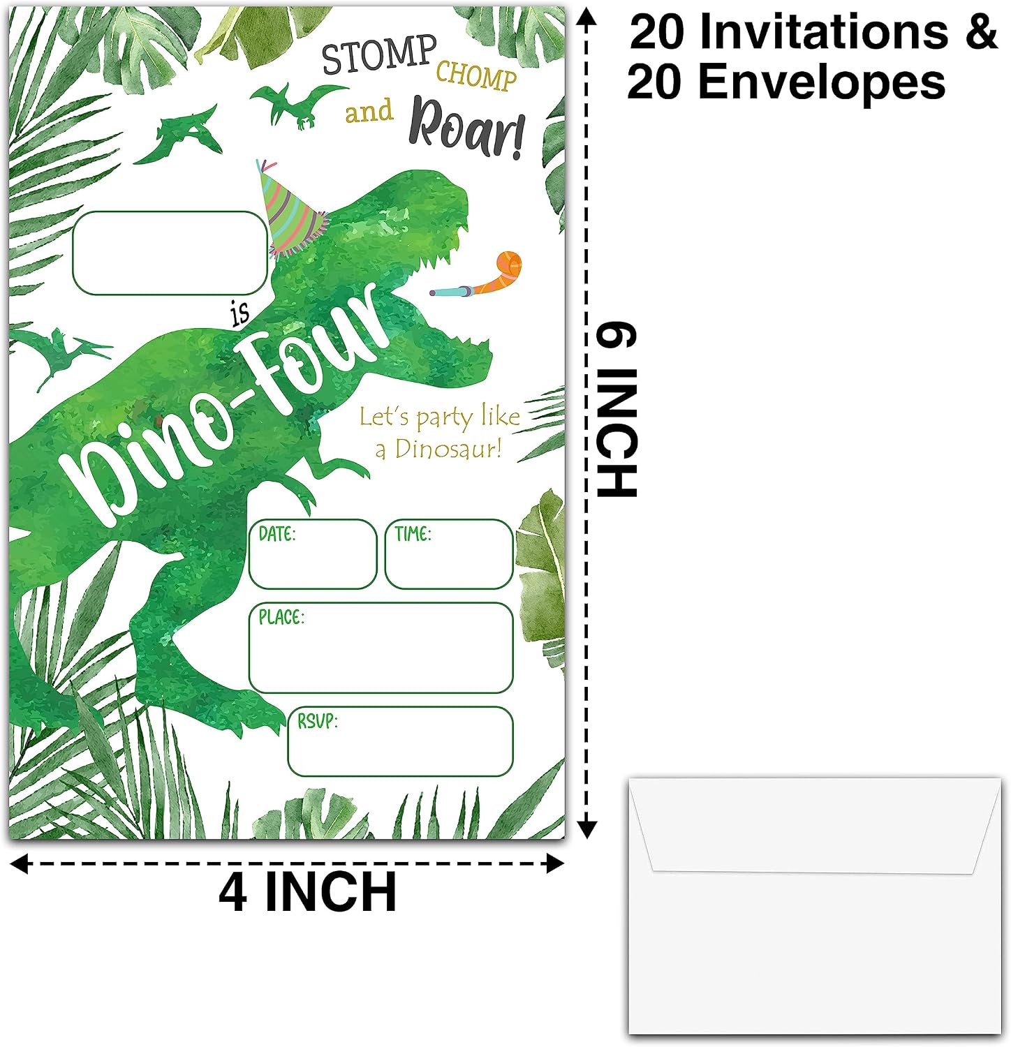 YSTEP 4th Birthday Party Invitations, 20 Invite Cards with Envelopes, 4" x 6" Dinosaur Birthday Invites for Boys Girls Party Supplies - E13