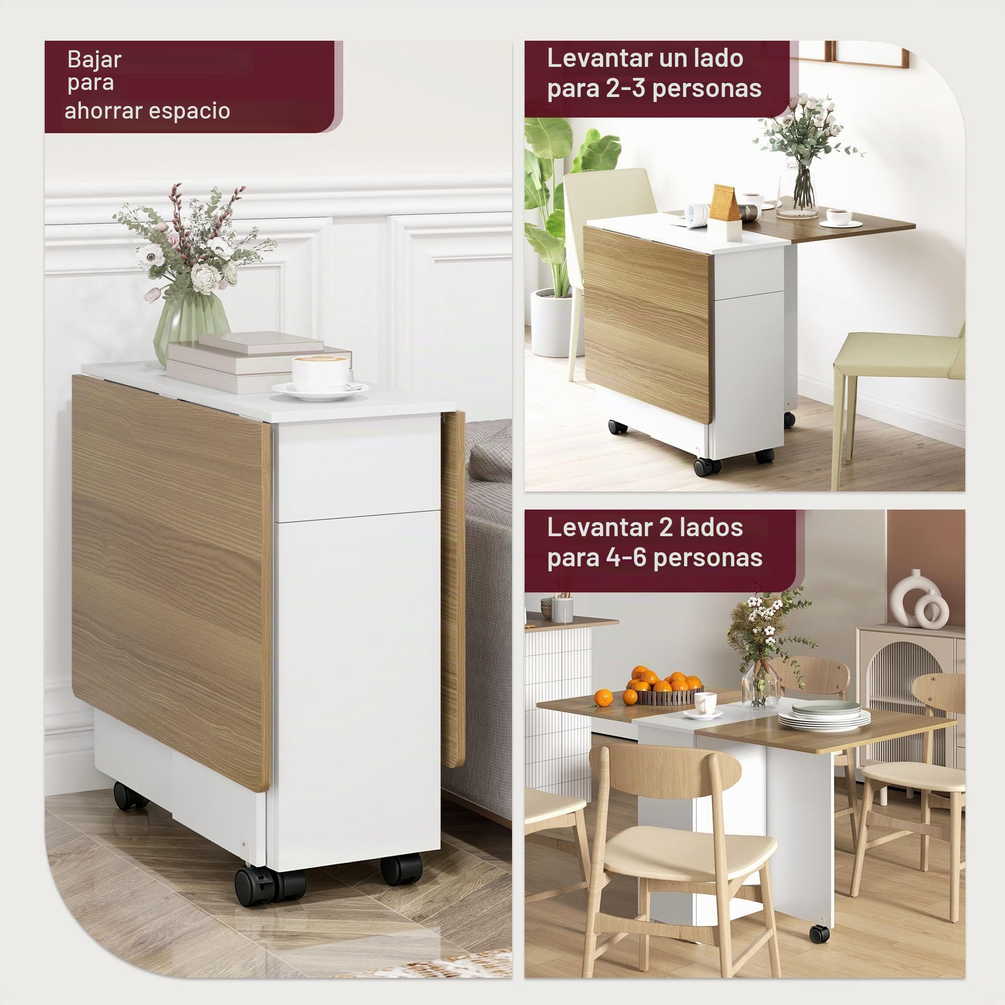 HOMCOM Mesa comedor plegable con ruedas 140x76x74cm,Blanco&madera natural | Mesa de cocina, para 6 personas, 2 hojas abatibles, 2 cajones, 2 armarios, para espacios pequeños.
