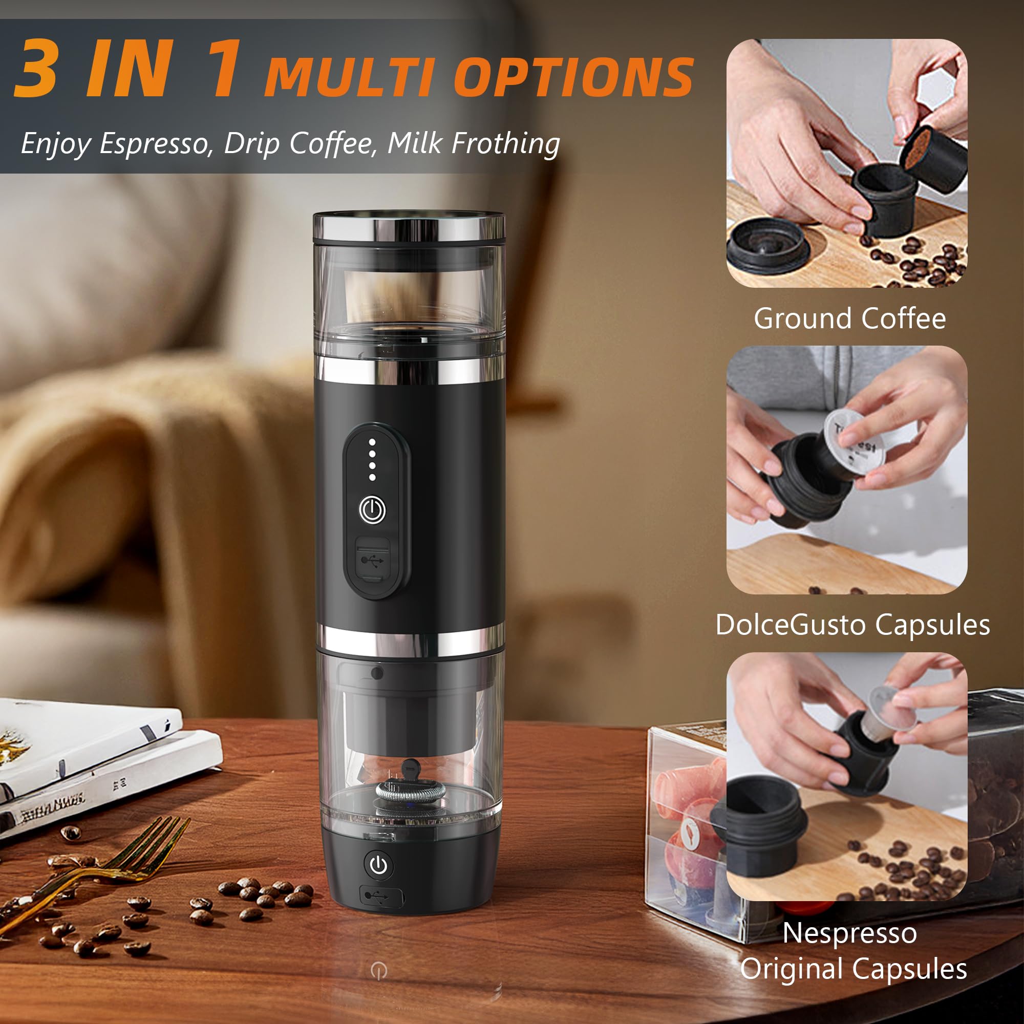 Hobsir - Cafetera eléctrica portátil para café espresso, cafetera de viaje para camping, cafetera de coche con USB-C, cápsula 3 en 1, pequeña máquina de café espresso portátil para RV, senderismo,